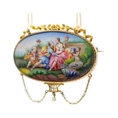 Antique Swiss Enamel 18 Karat Gold with Pearl Bell Époque Brooch French Hallmarks