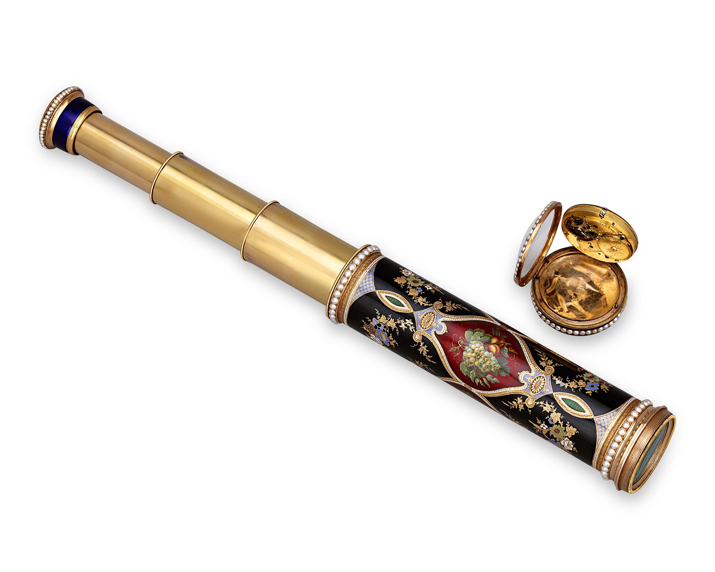A marriage of 19th-century Swiss scientific achievement and artistic mastery, this exceptionally rare pearl, gold and enamel telescope is an item of extraordinary luxury. An extending telescope, the front lens is set with a detachable pocket watch