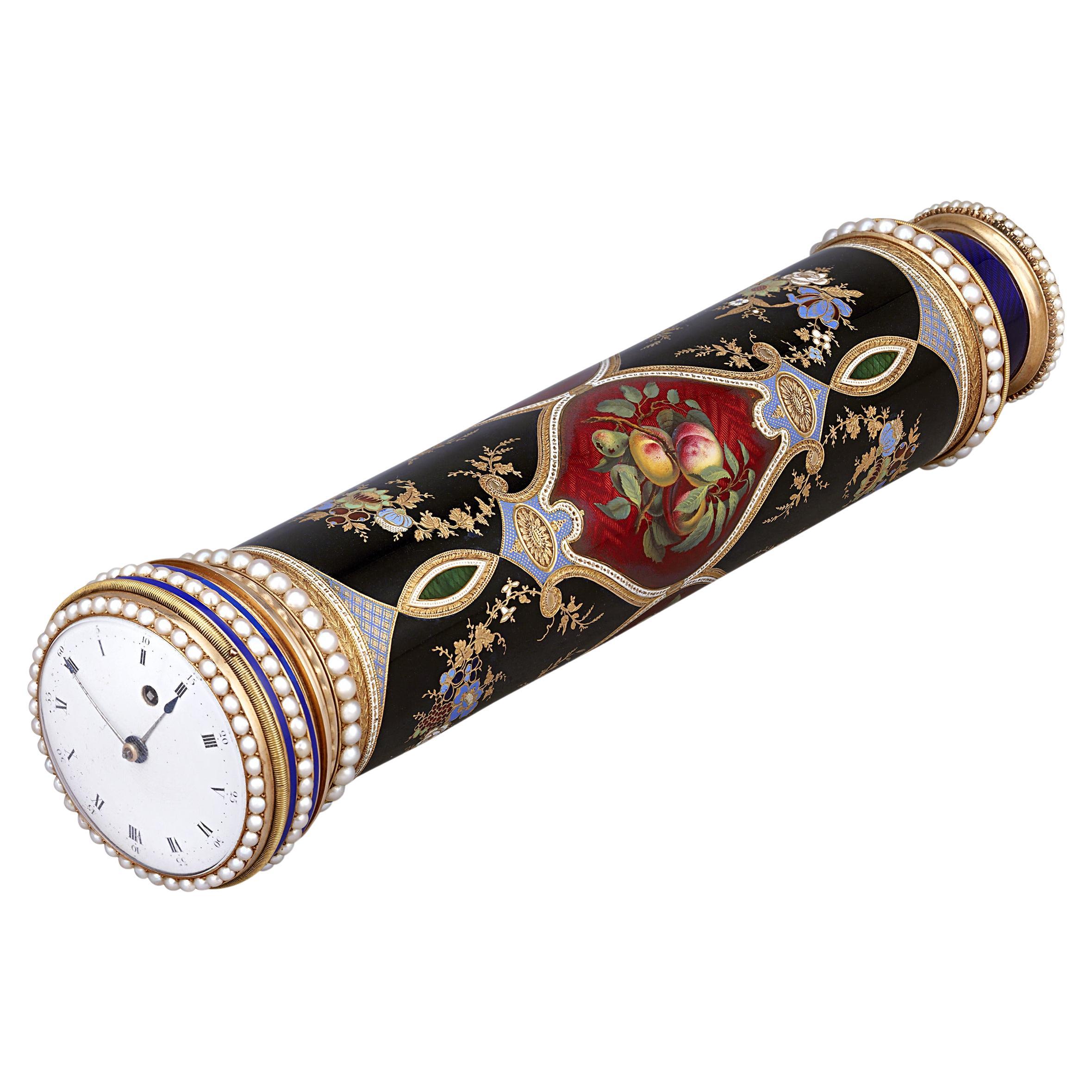 Swiss Enamel and Gold Telescope with Pocket Watch