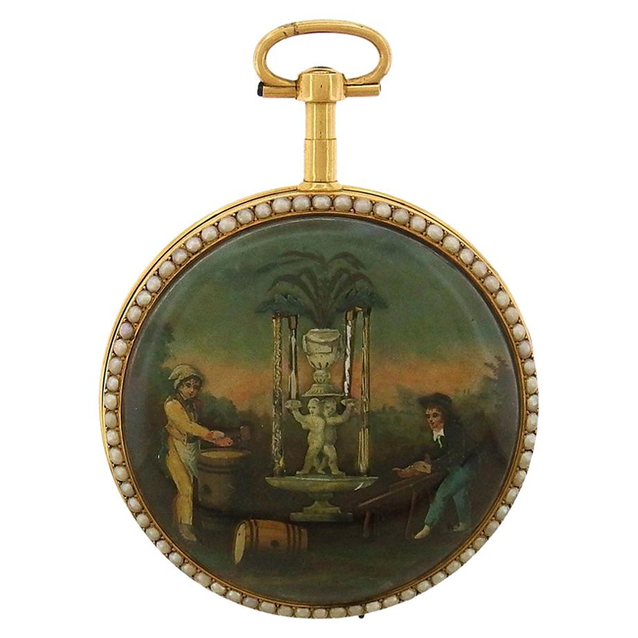Swiss Enamel Automaton Keywound Pocket Watch, circa 1700s
