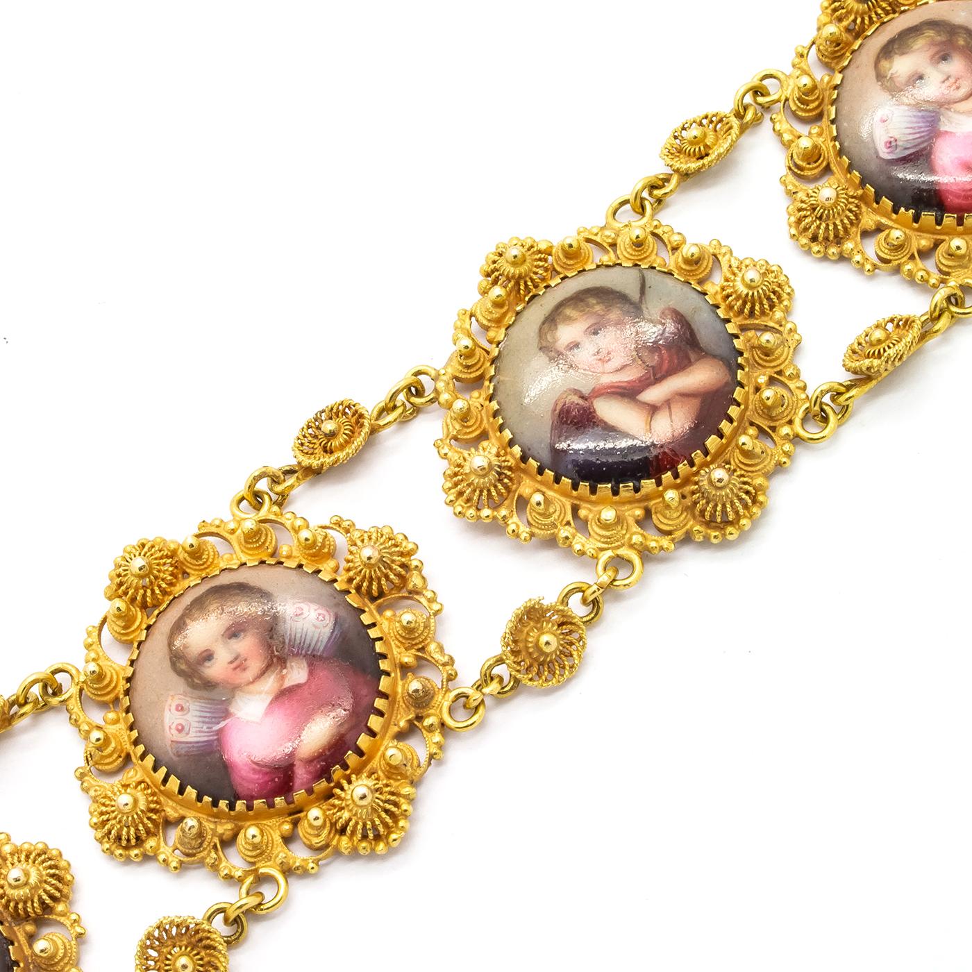 William IV Swiss Enamel Cannetille Cherub and Cupid Bracelet and Pendant Suite, circa 1830