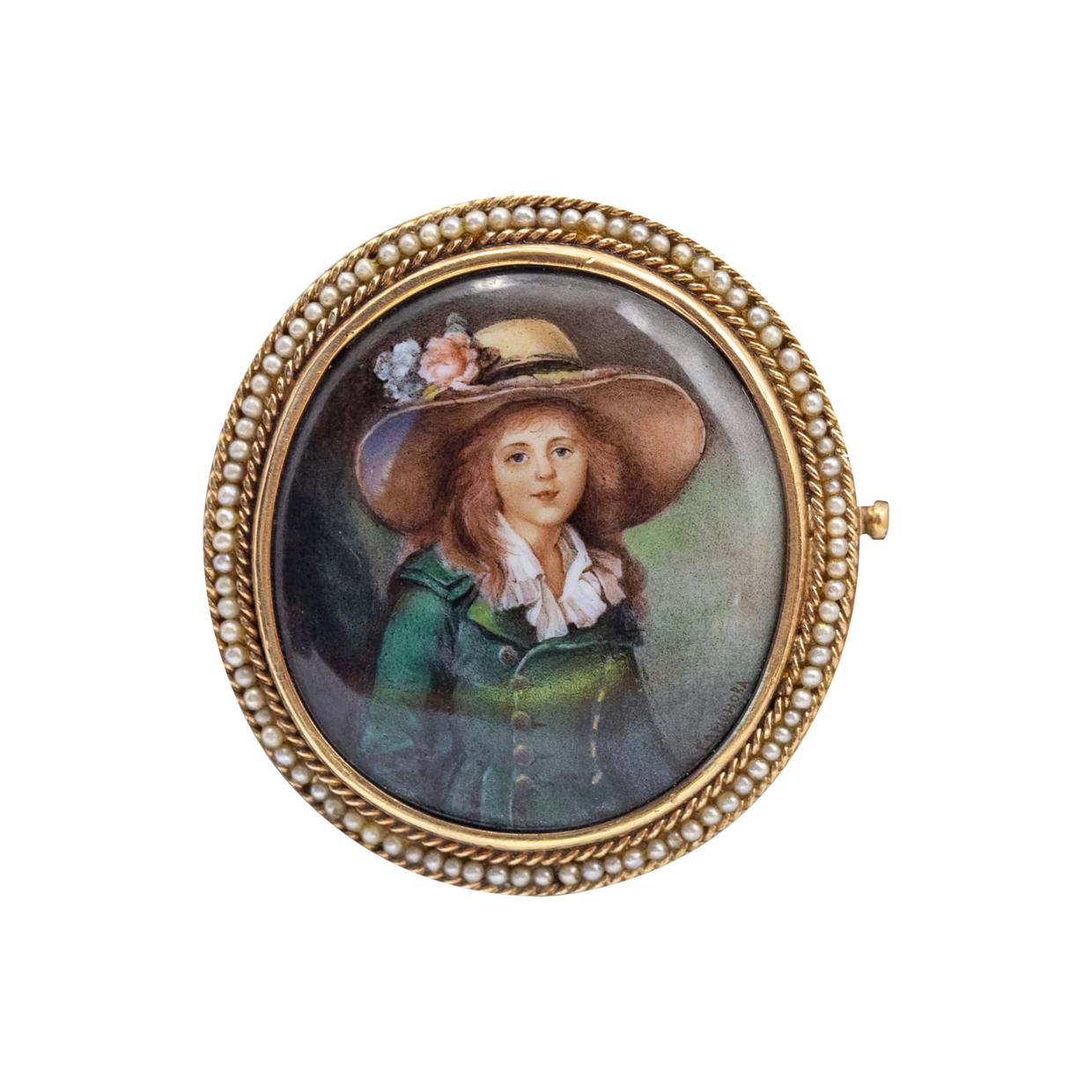 Swiss Enamel Miniature Portrait Painting in 14 Karat Gold with Seed Pearls For Sale