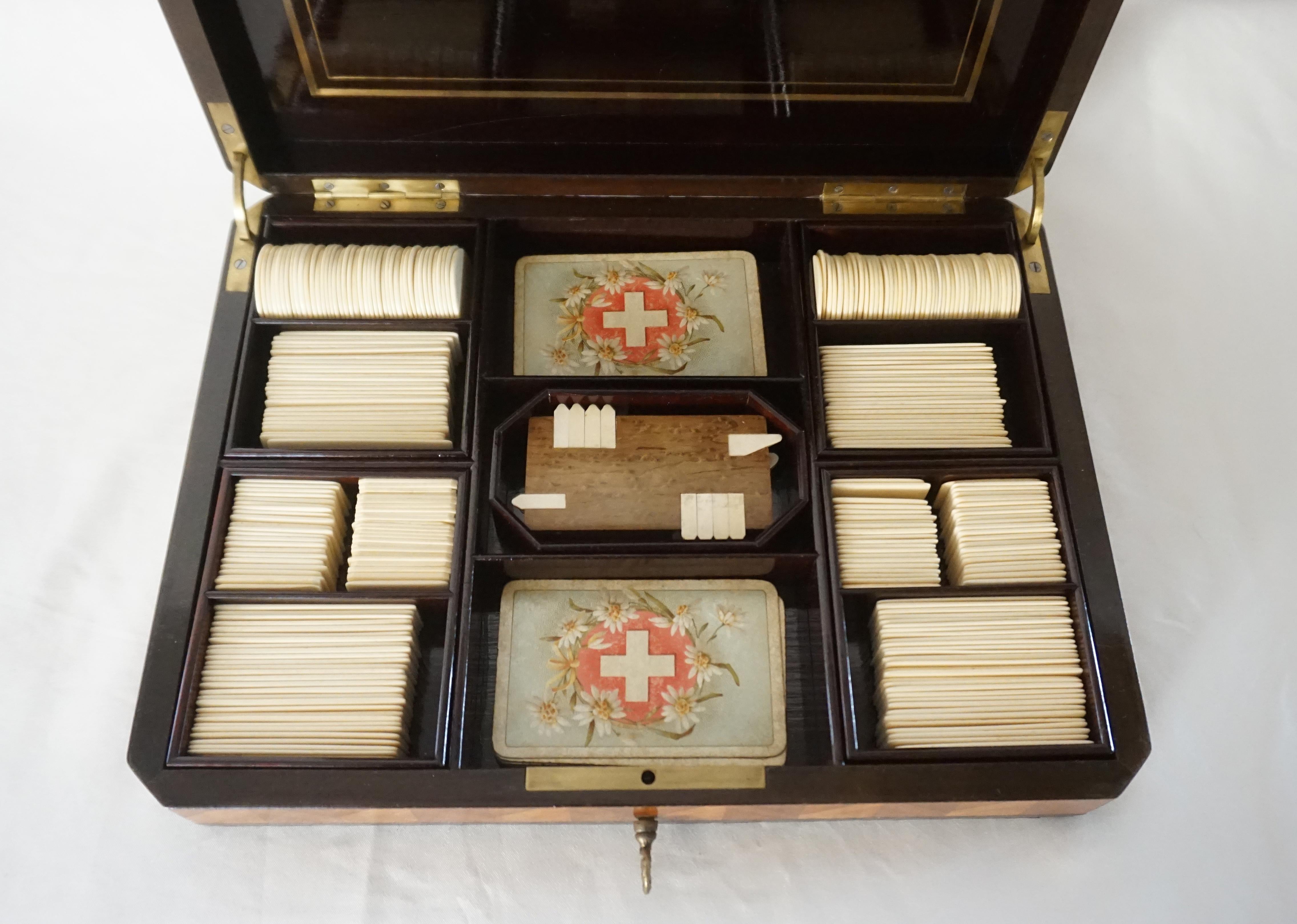 Louis XVI Swiss Kingwood, Nacre, and Brass Inlaid Card Games Box, Complete, circa 1890