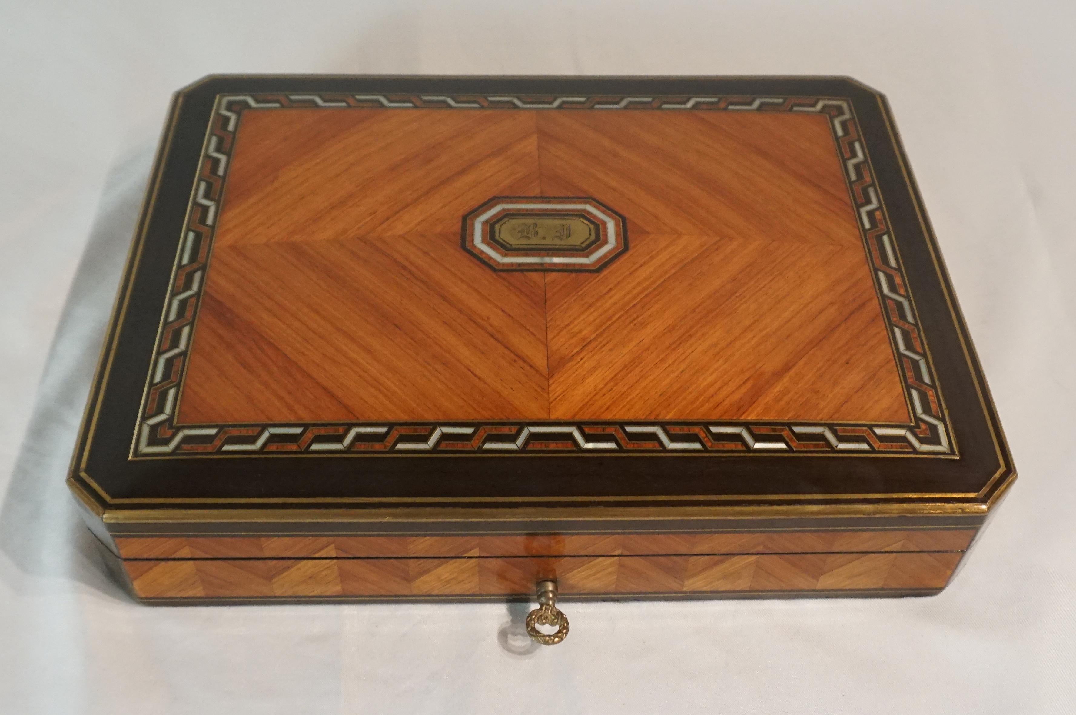 19th Century Swiss Kingwood, Nacre, and Brass Inlaid Card Games Box, Complete, circa 1890