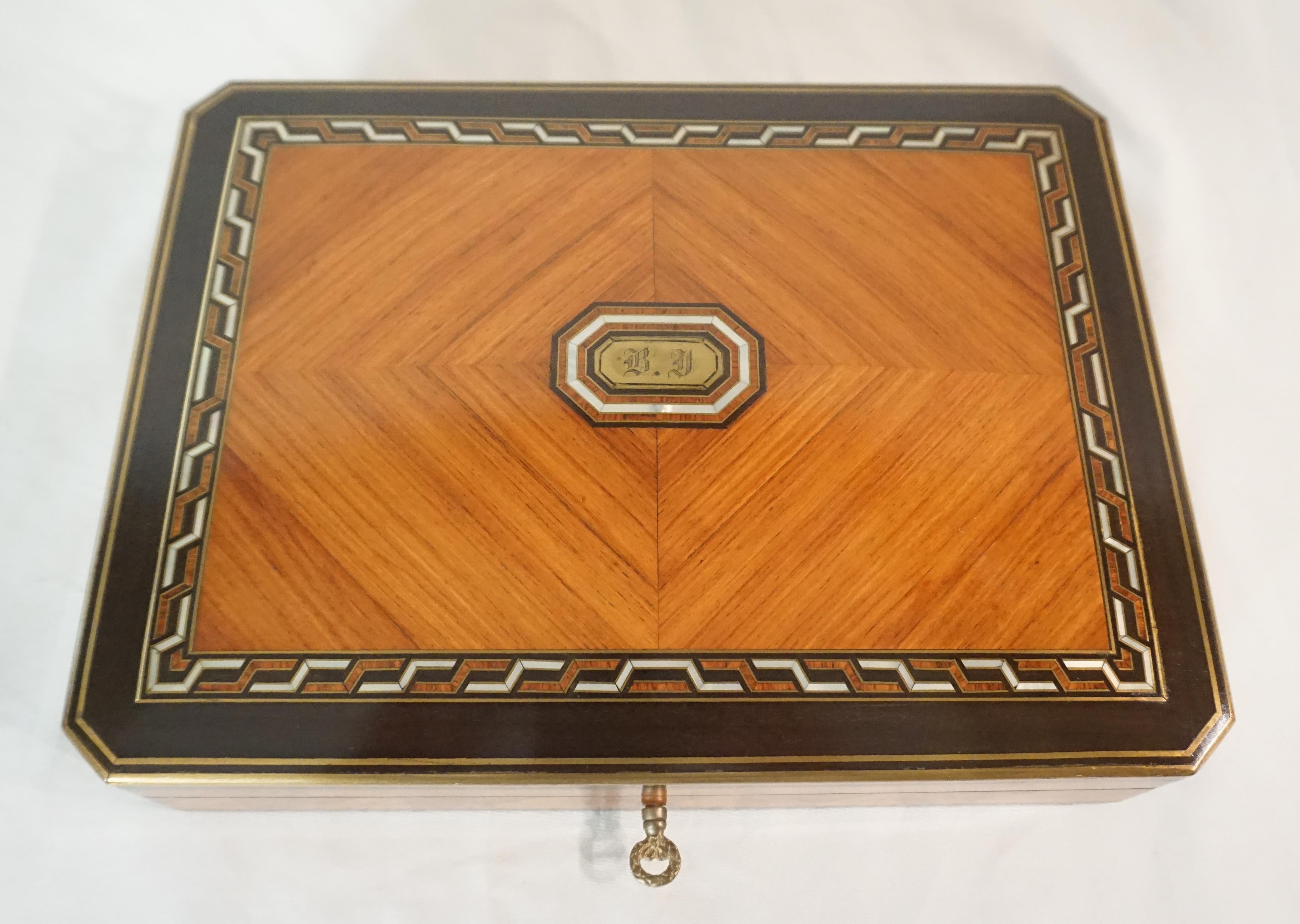 Paper Swiss Kingwood, Nacre, and Brass Inlaid Card Games Box, Complete, circa 1890
