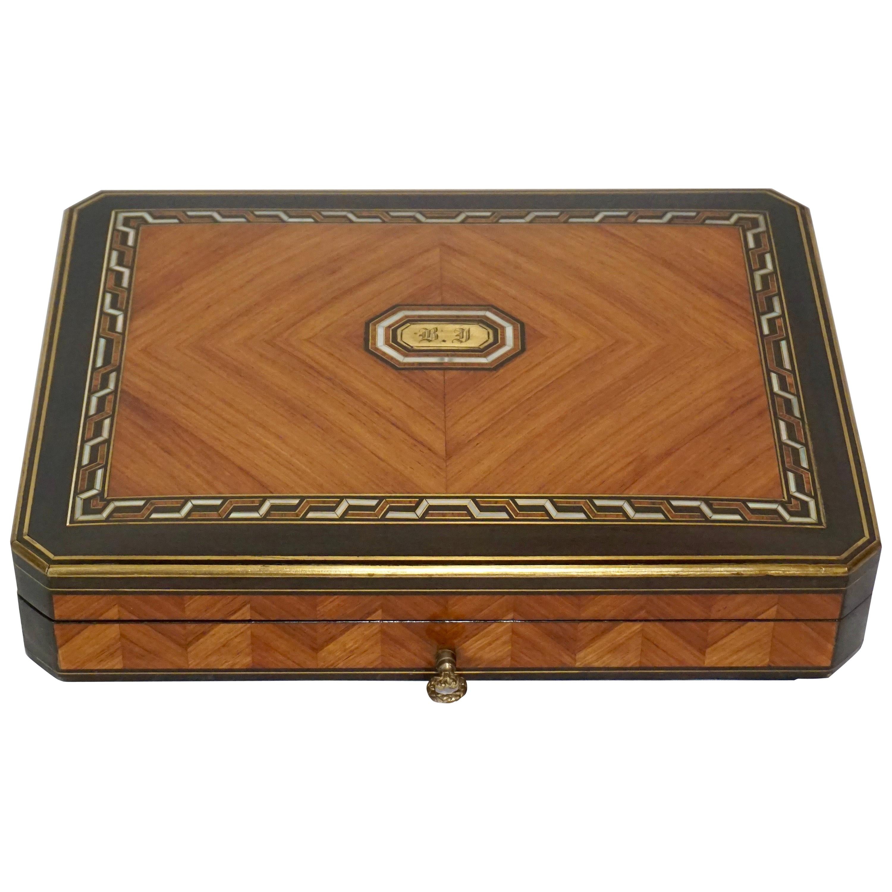 Swiss Kingwood, Nacre, and Brass Inlaid Card Games Box, Complete, circa 1890