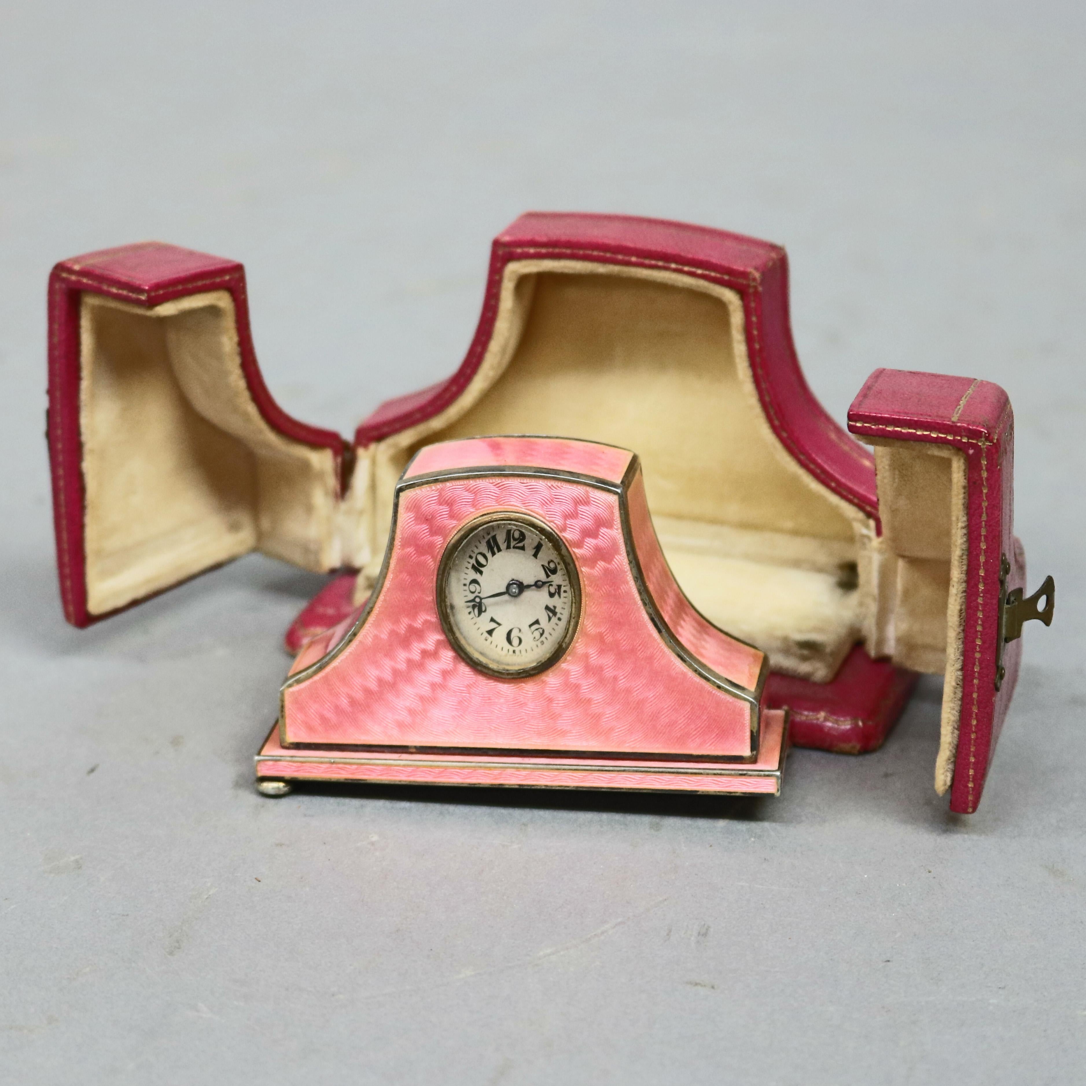 Louis XIV Swiss Faberge School Guilloche Enamel and Sterling Travel Clock by H. Neveux