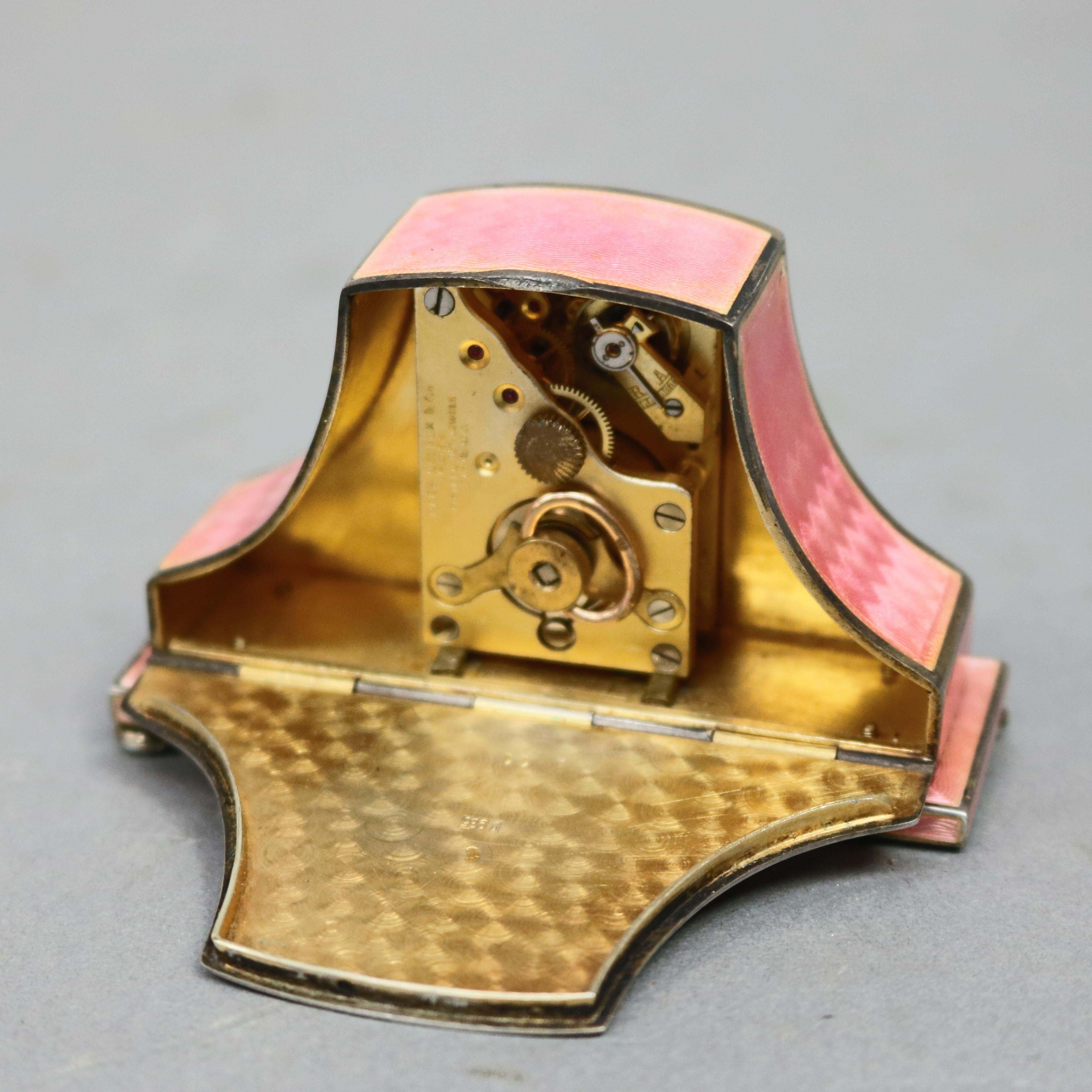Sterling Silver Swiss Faberge School Guilloche Enamel and Sterling Travel Clock by H. Neveux