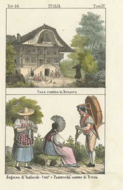 Swiss Farmhouse with a Girl of Vaallande and Bernese Peasants, Lithograph, 1842