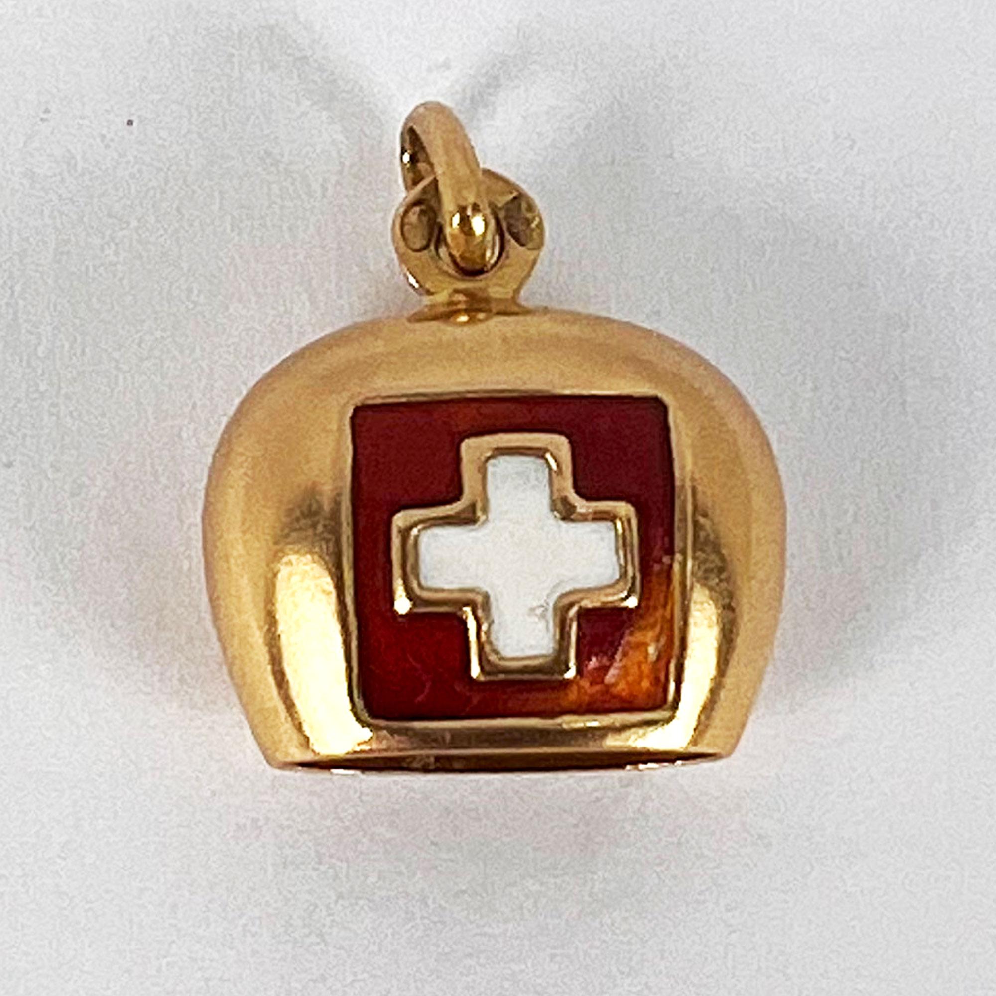 Swiss Flag Bell 18K Yellow Gold Enamel Charm Pendant 5