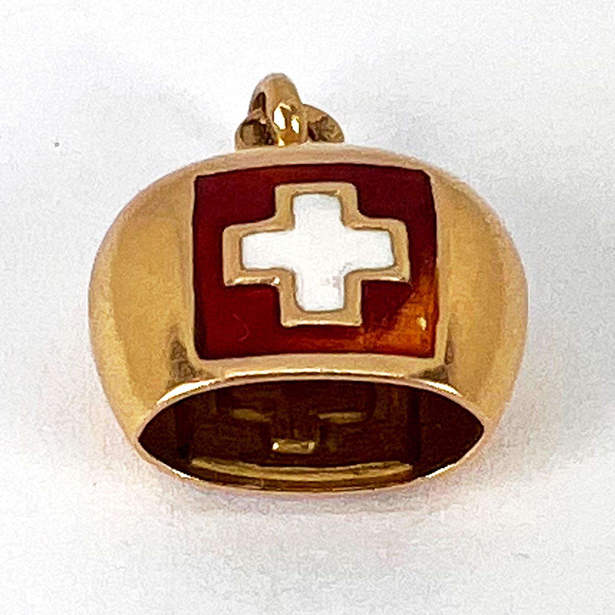 Swiss Flag Bell 18K Yellow Gold Enamel Charm Pendant 6