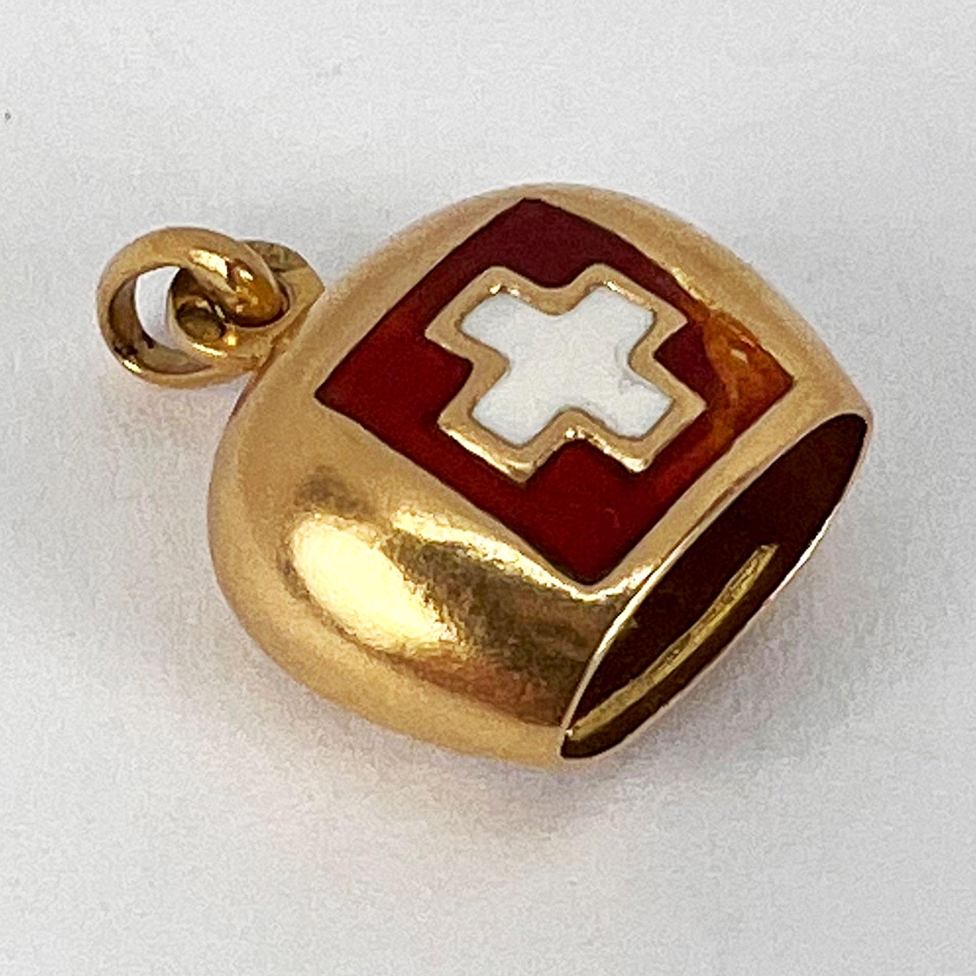 Swiss Flag Bell 18K Yellow Gold Enamel Charm Pendant 7