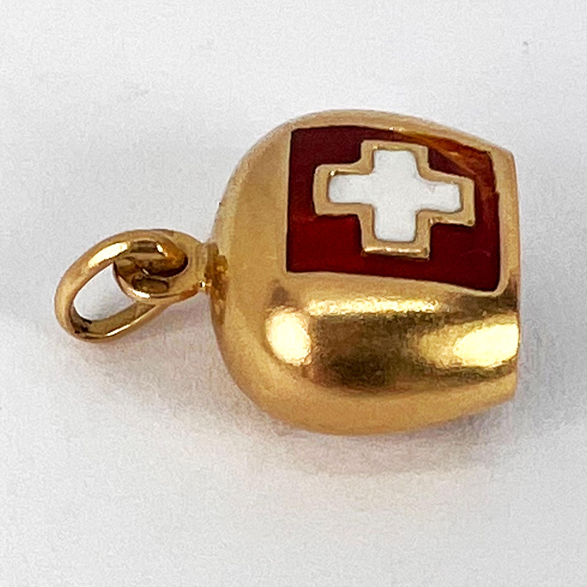 Swiss Flag Bell 18K Yellow Gold Enamel Charm Pendant 8