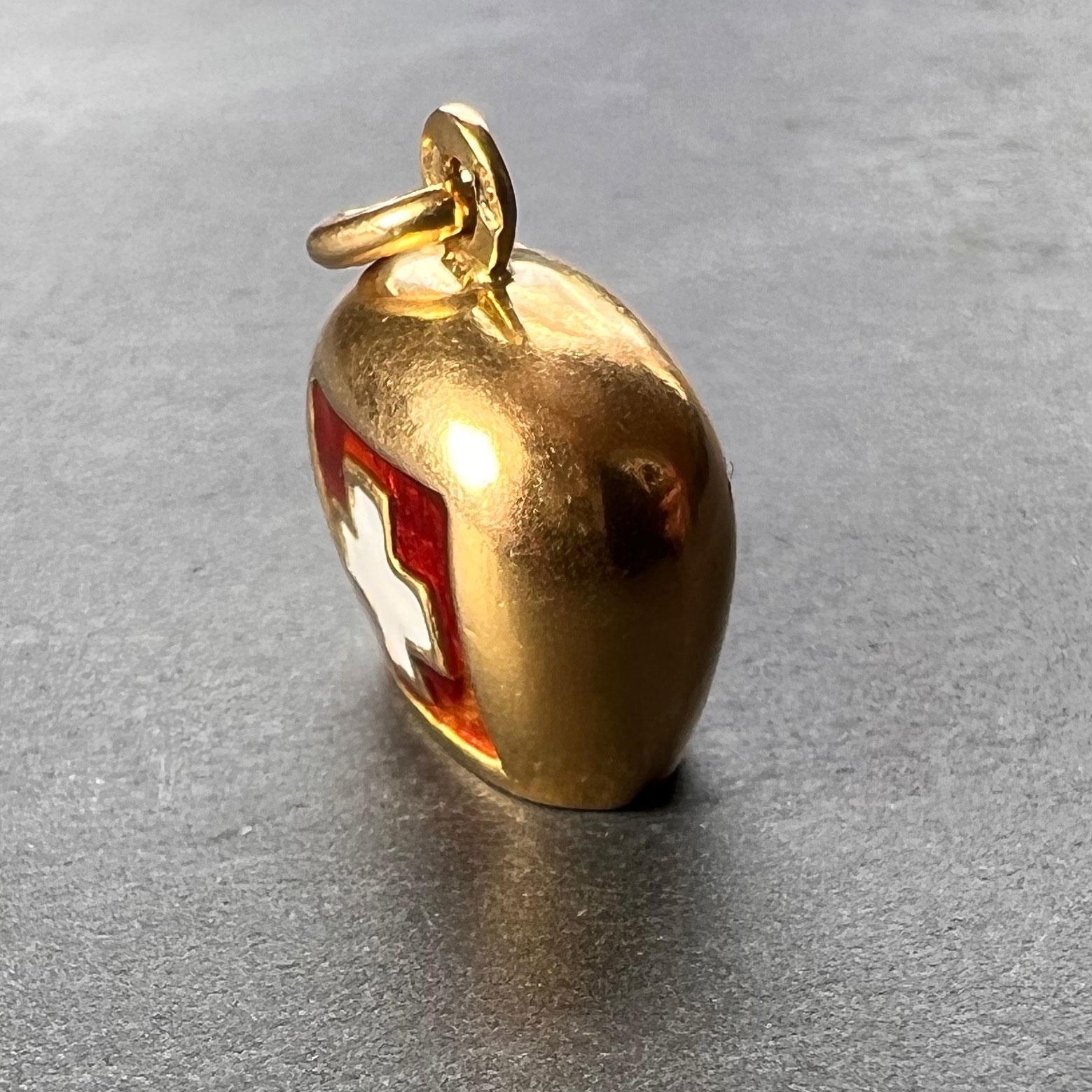 Swiss Flag Bell 18K Yellow Gold Enamel Charm Pendant In Good Condition In London, GB