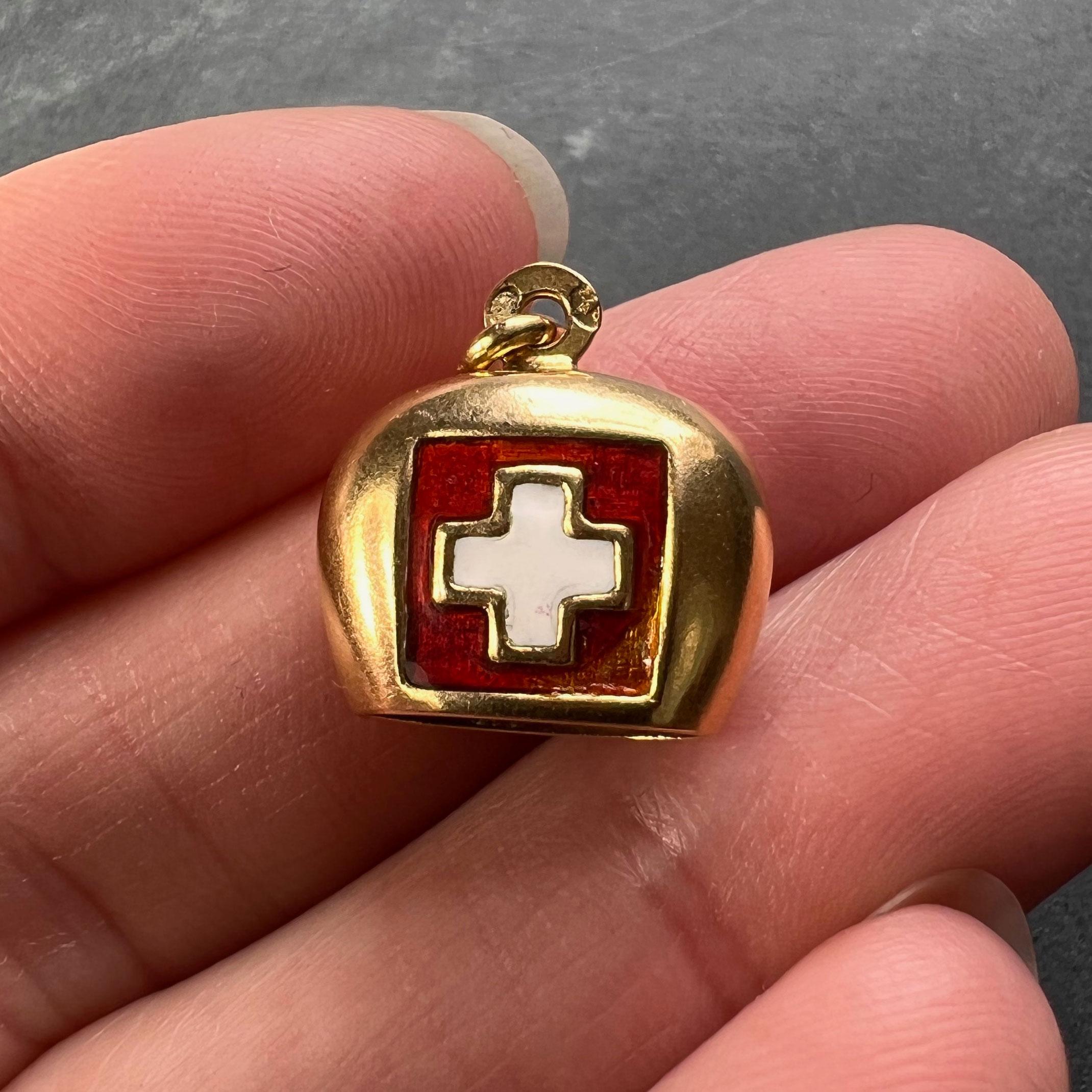 Swiss Flag Bell 18K Yellow Gold Enamel Charm Pendant 1