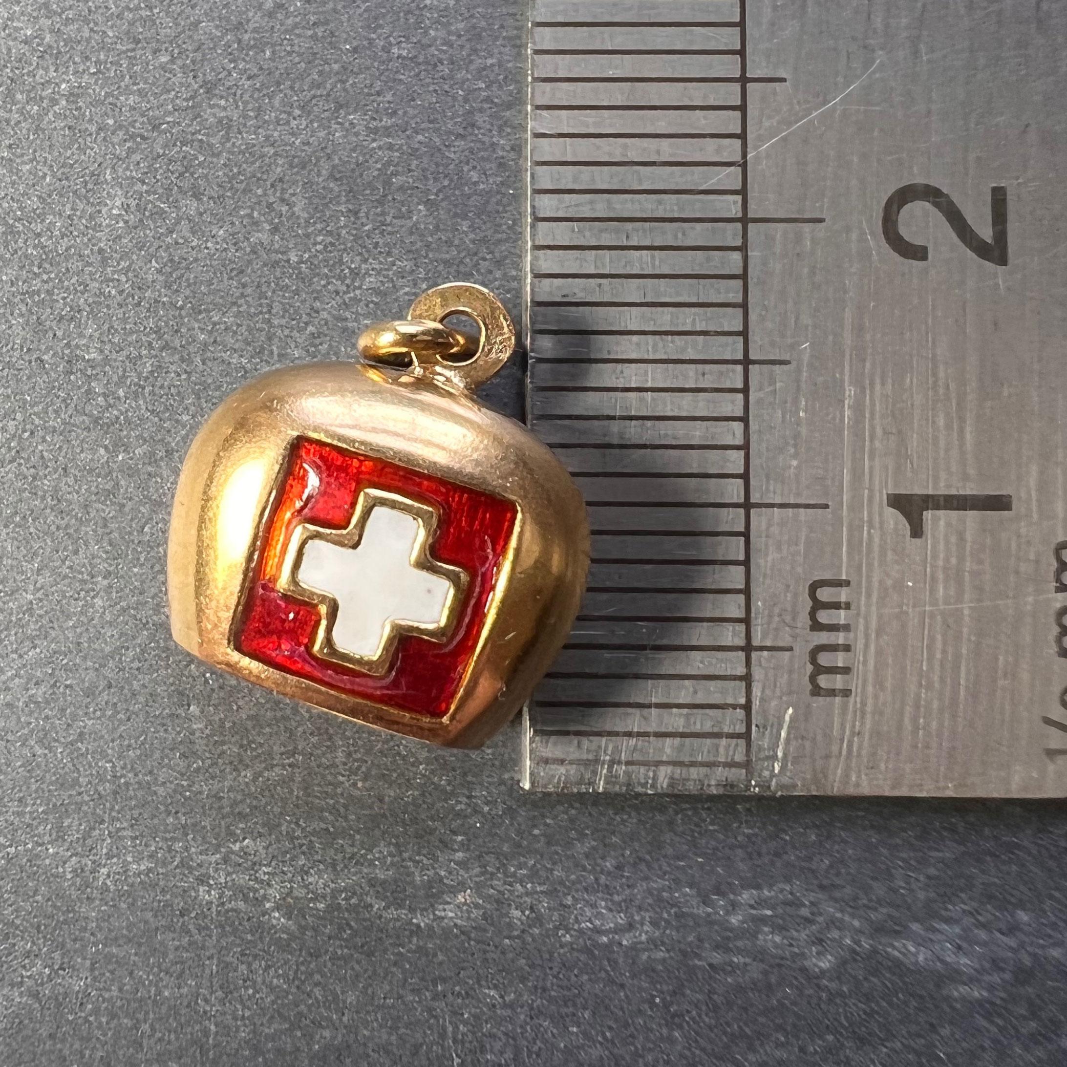 Swiss Flag Bell 18K Yellow Gold Enamel Charm Pendant 3