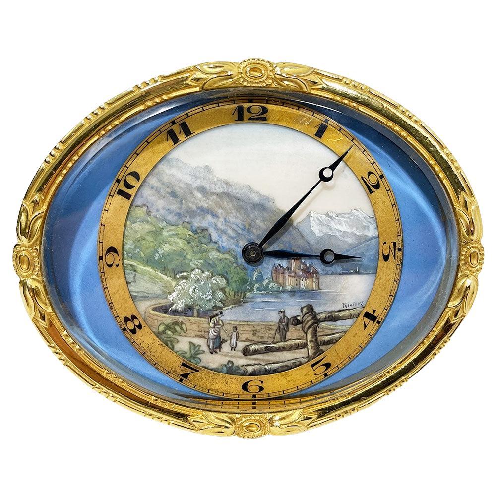 Swiss Gilt-Brass with Painted Swiss Landscape Oval Desk Clock For Sale