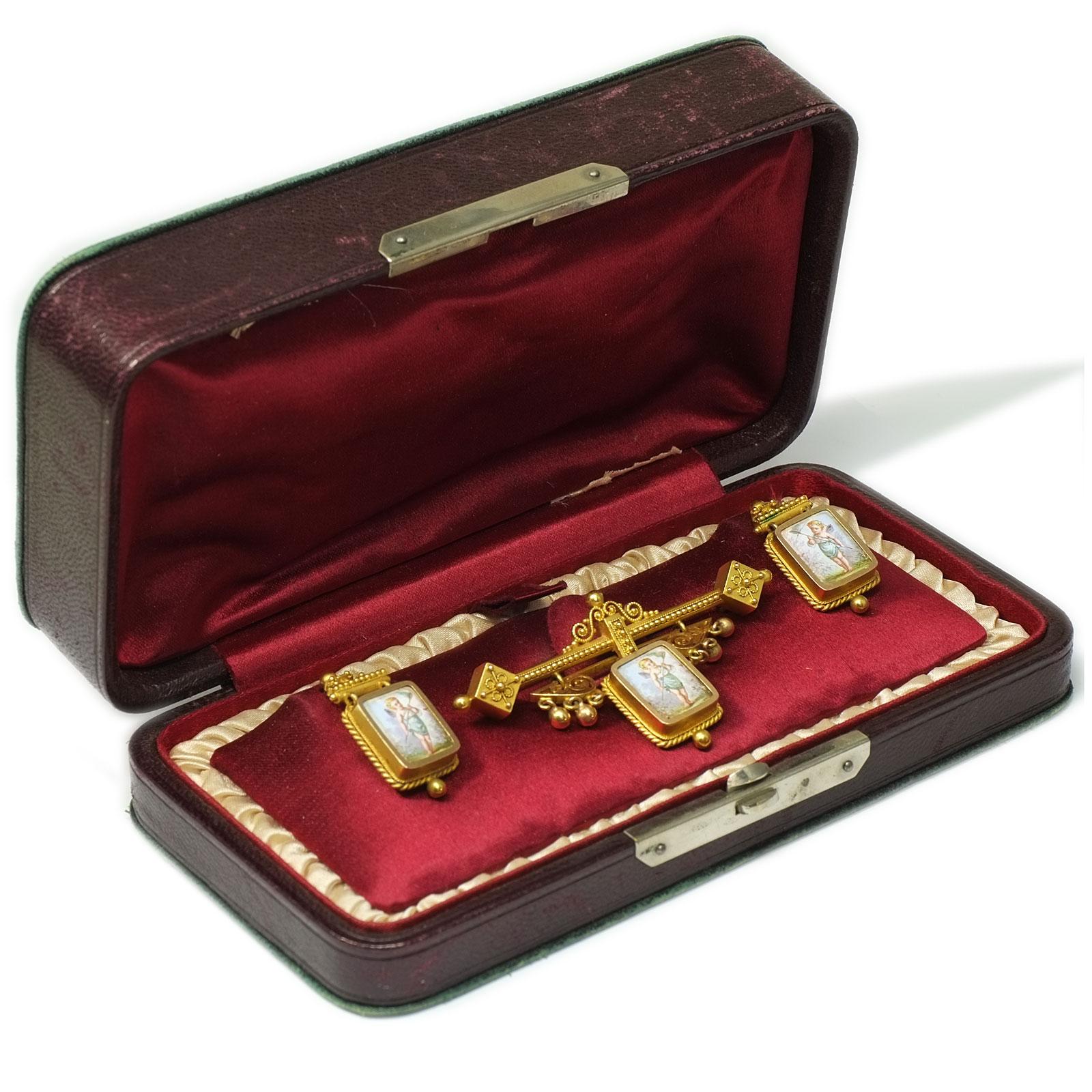 Swiss Gold Demi Parure Earrings and Brooch with Miniature Painting, circa 1870 5