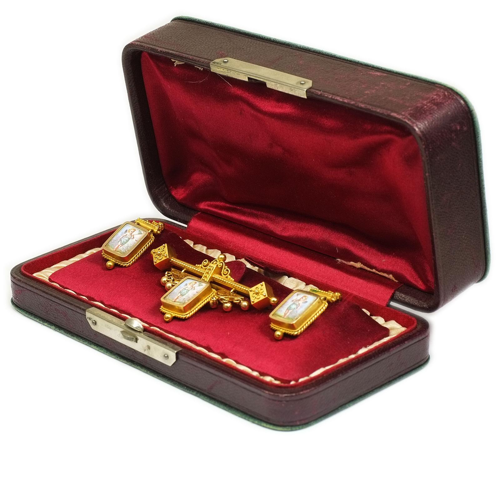 Swiss Gold Demi Parure Earrings and Brooch with Miniature Painting, circa 1870 6