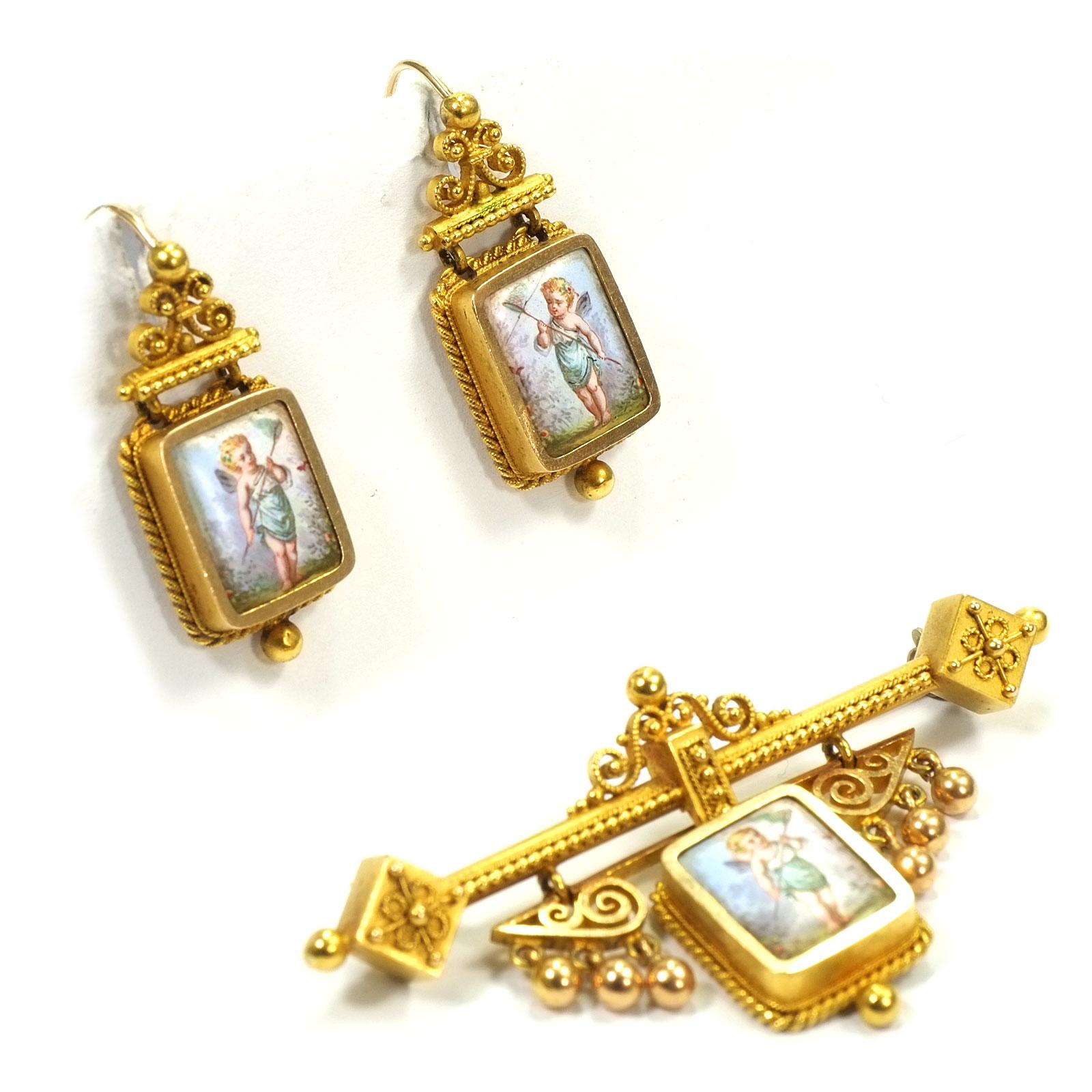 Etruscan Revival Swiss Gold Demi Parure Earrings and Brooch with Miniature Painting, circa 1870