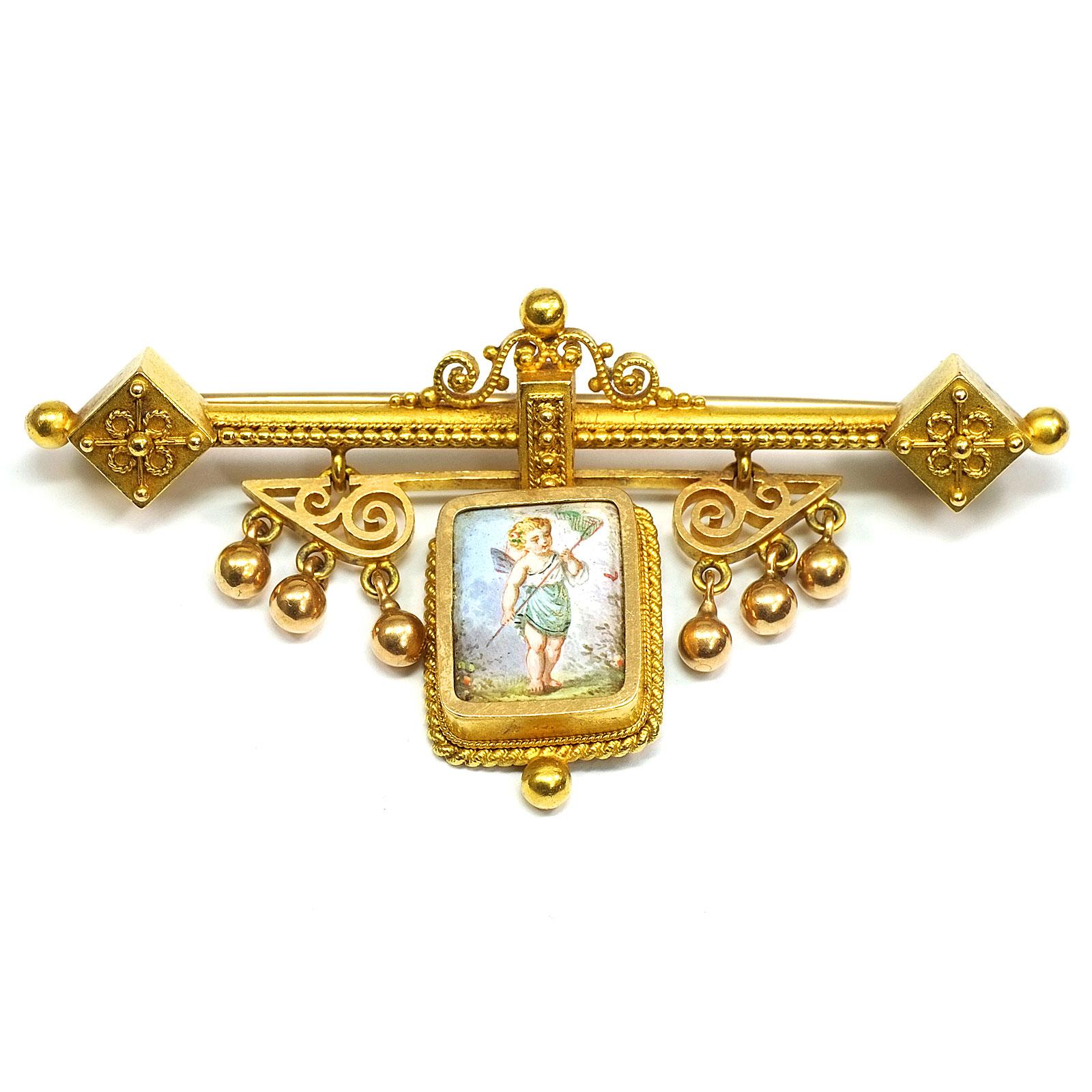 Swiss Gold Demi Parure Earrings and Brooch with Miniature Painting, circa 1870 In Good Condition In Goettingen, DE