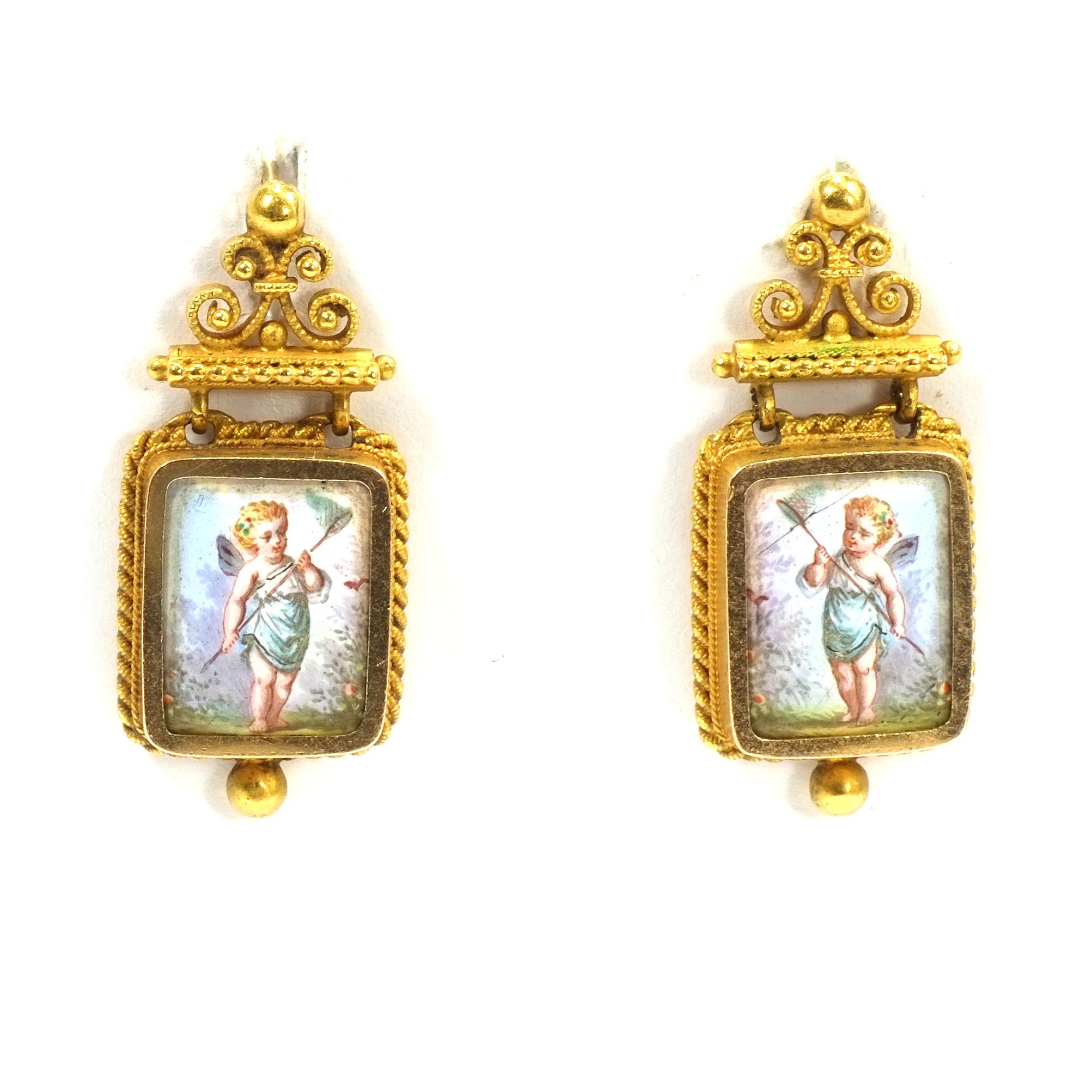 Swiss Gold Demi Parure Earrings and Brooch with Miniature Painting, circa 1870 2
