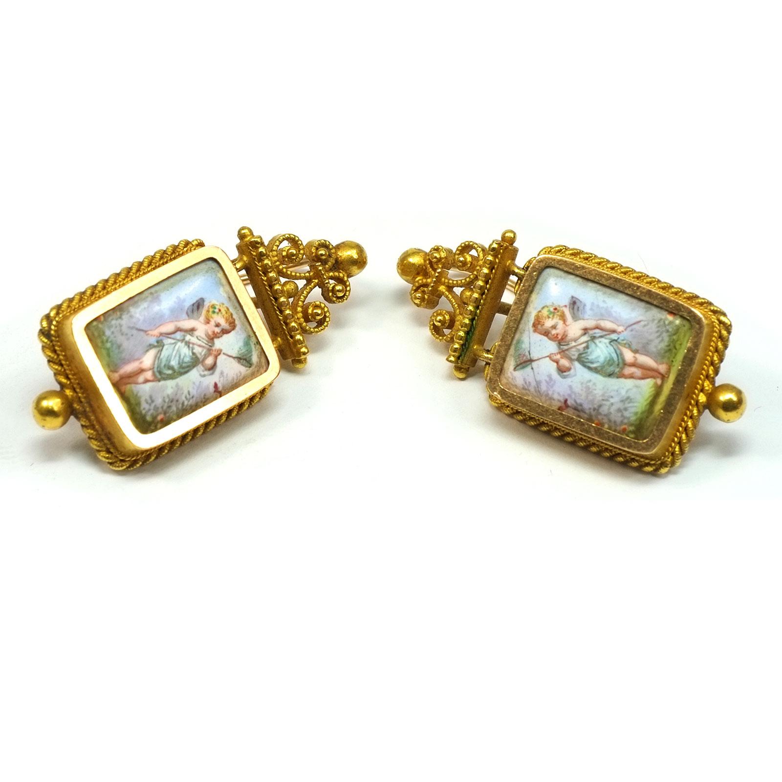 Swiss Gold Demi Parure Earrings and Brooch with Miniature Painting, circa 1870 3
