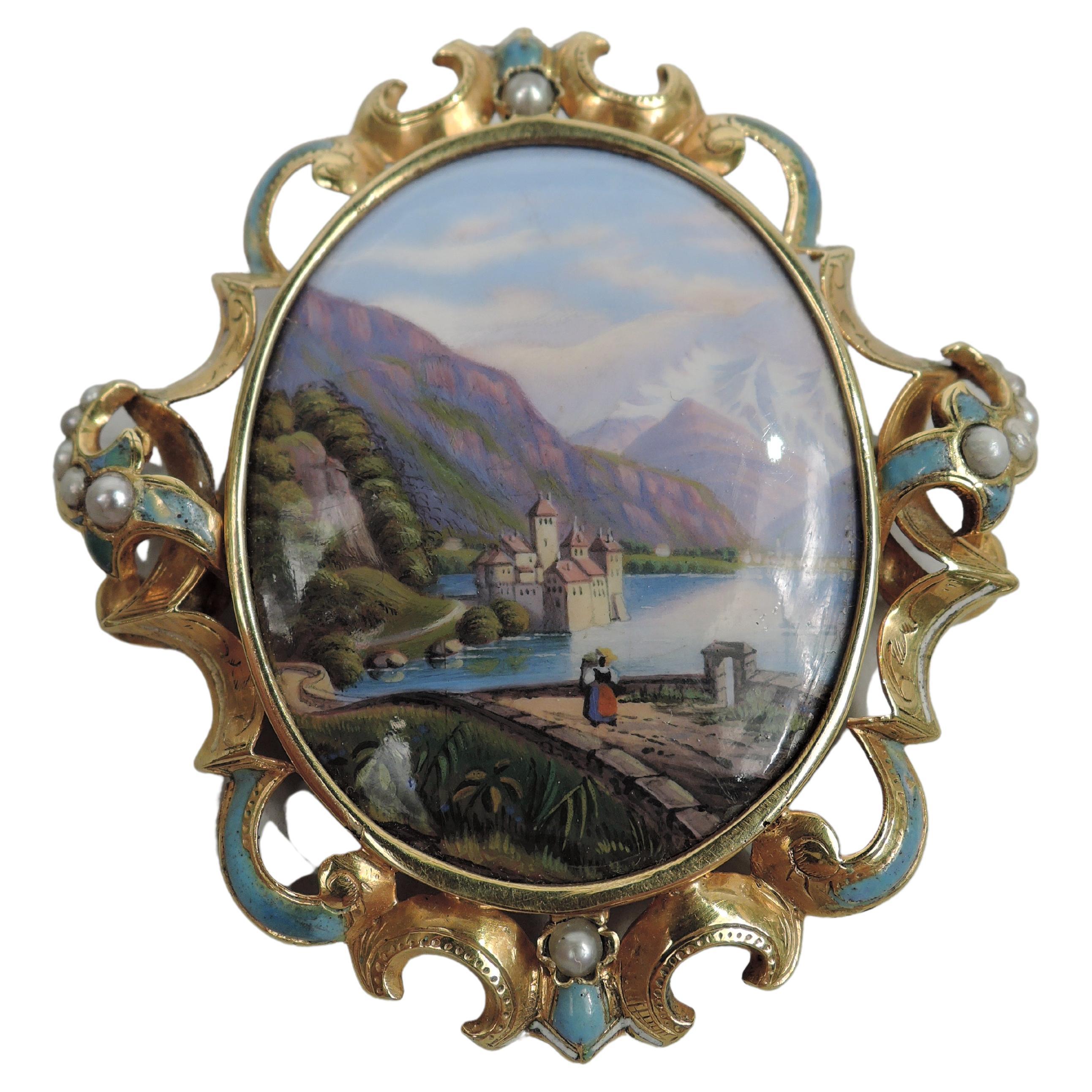 Swiss Gold and Enamel Brooch with Romantic Chateau de Chillon For Sale