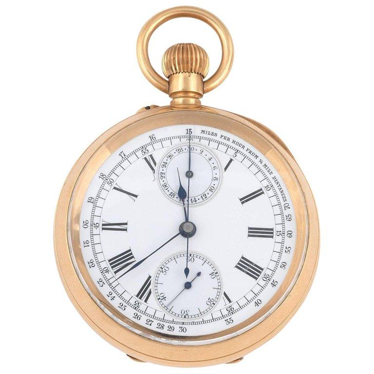 Swiss Gold Telemeter Open Face Chronograph Keyless Wind Pocket Watch