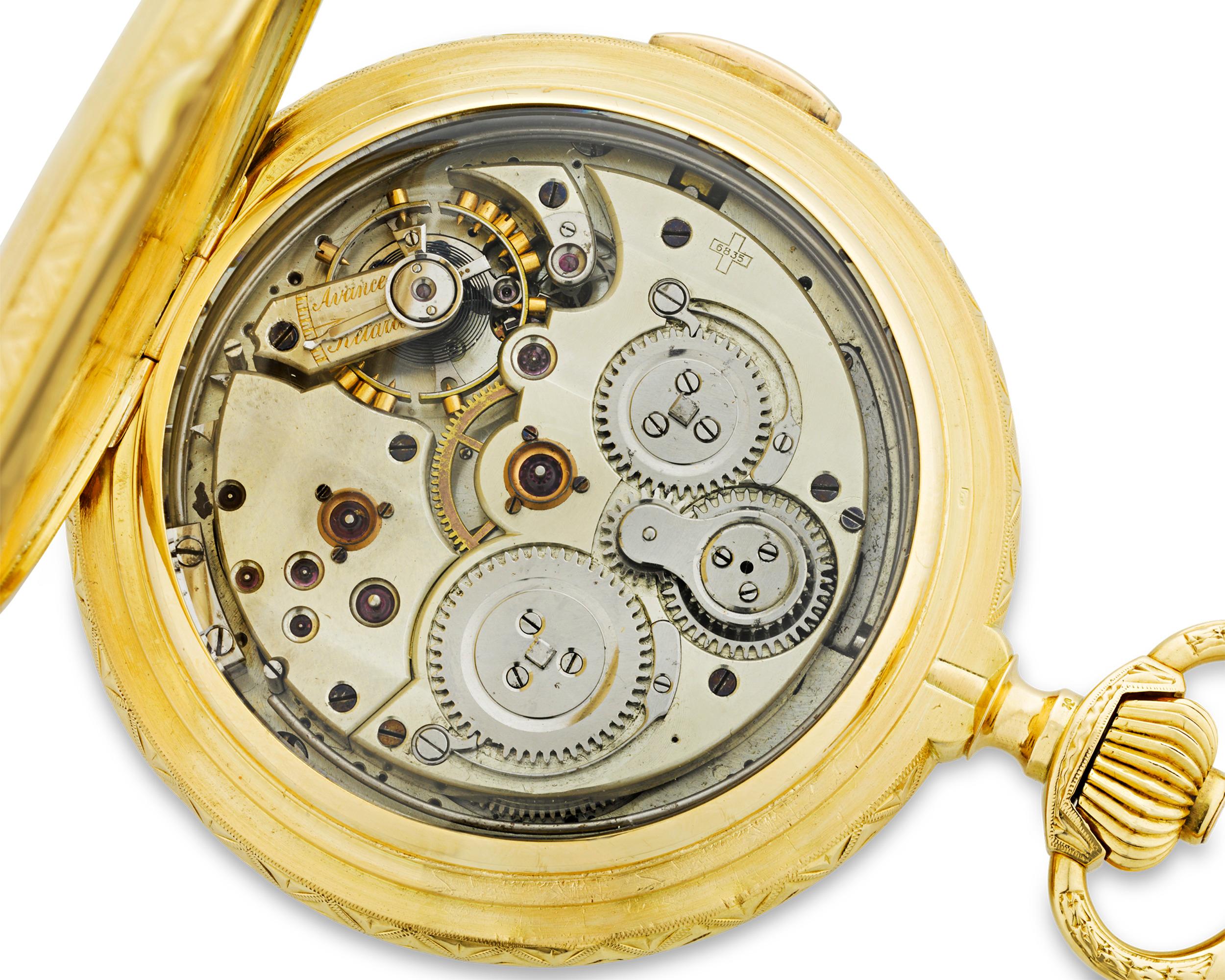 Housed in an intricately decorated 18K yellow gold case and boasting a complex movement, this Swiss grande sonnerie quarter-repeater pocket watch is a masterpiece both inside and out. Its full hunter case is hand engraved with two scenes; a gaucho