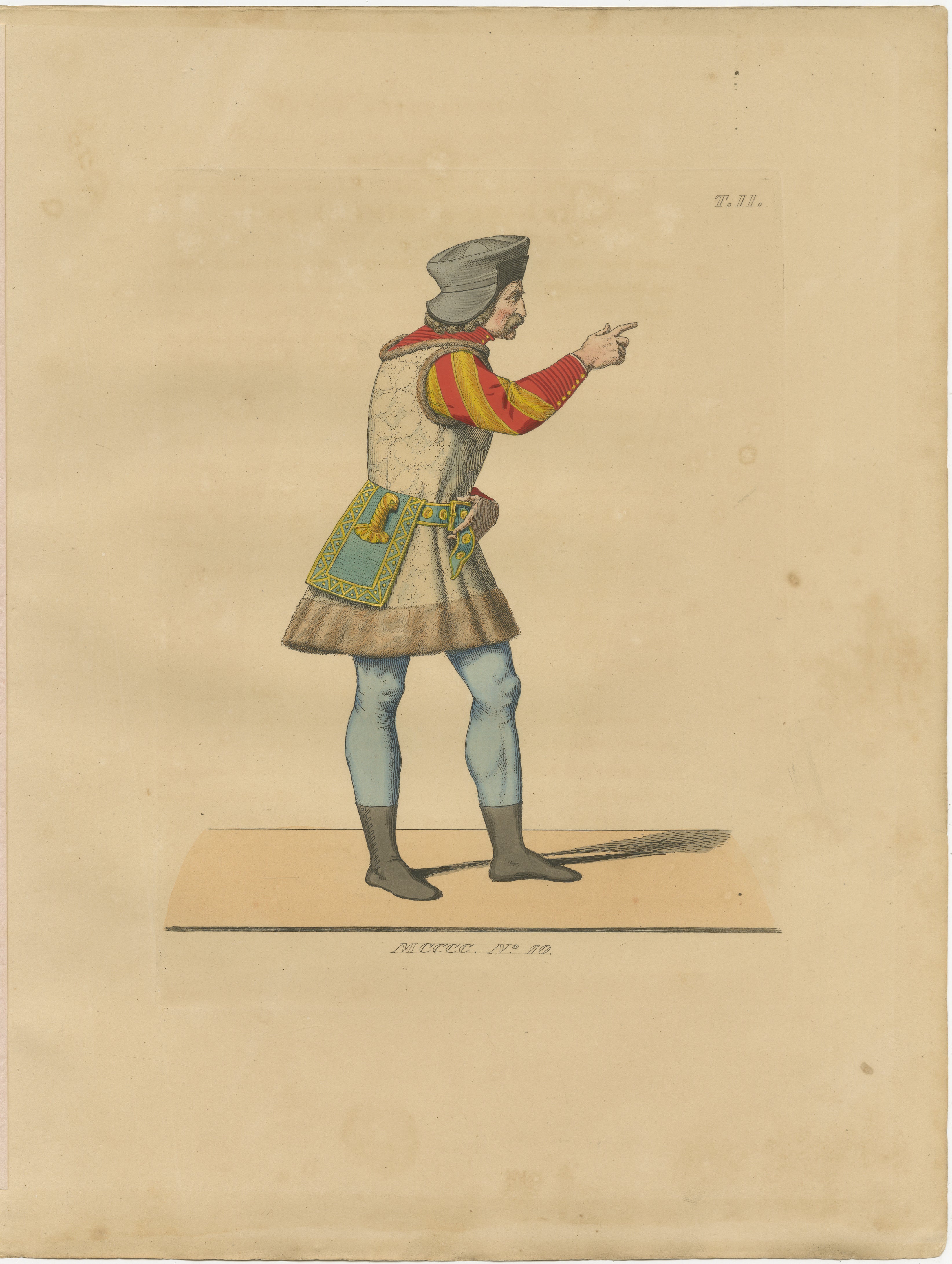 Swiss Guard Costume, Antique Hand-Colored Lithograph by Bonnard, 1845