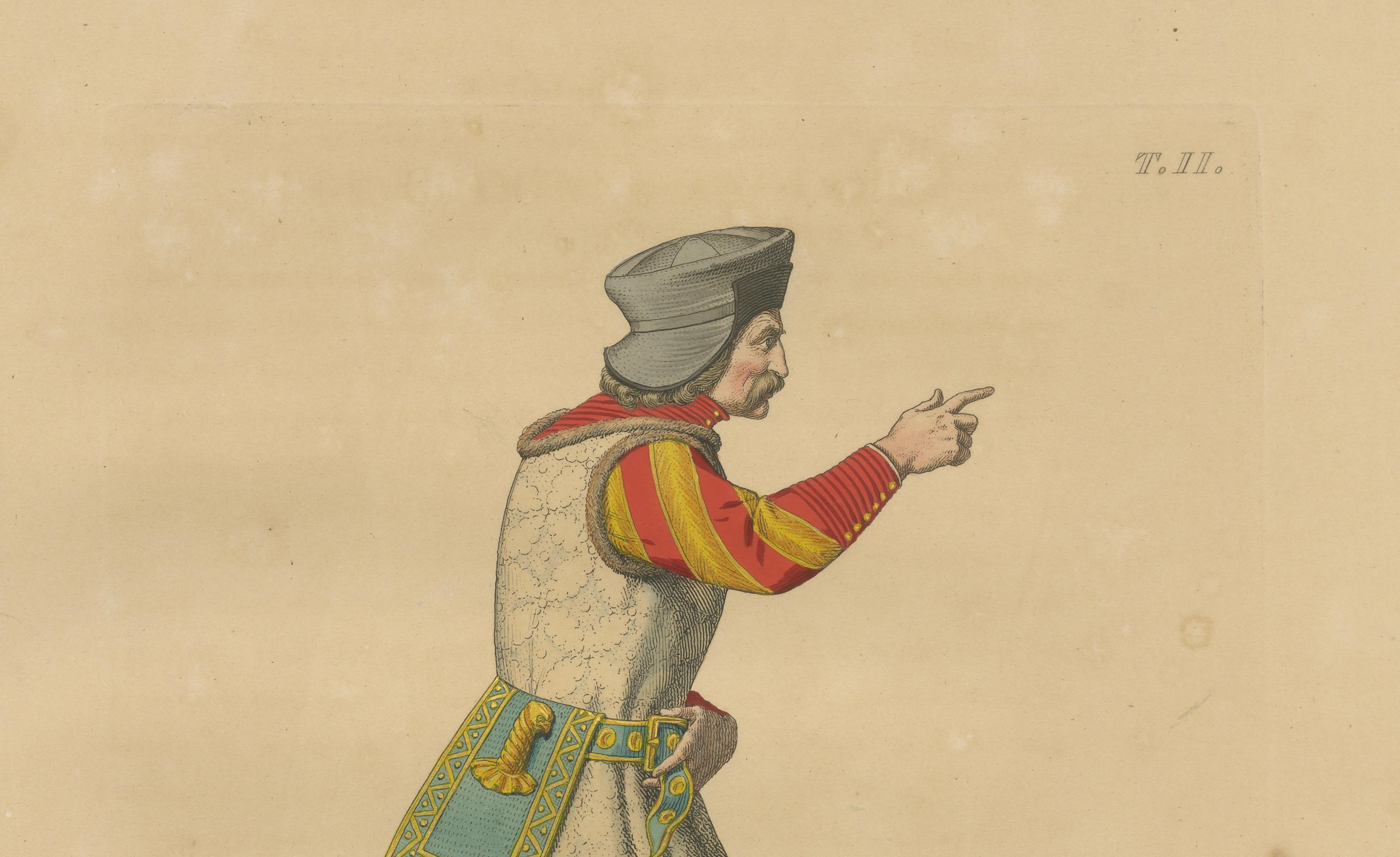 Swiss Guard Costume, Antique Hand-Colored Lithograph by Bonnard, 1845
