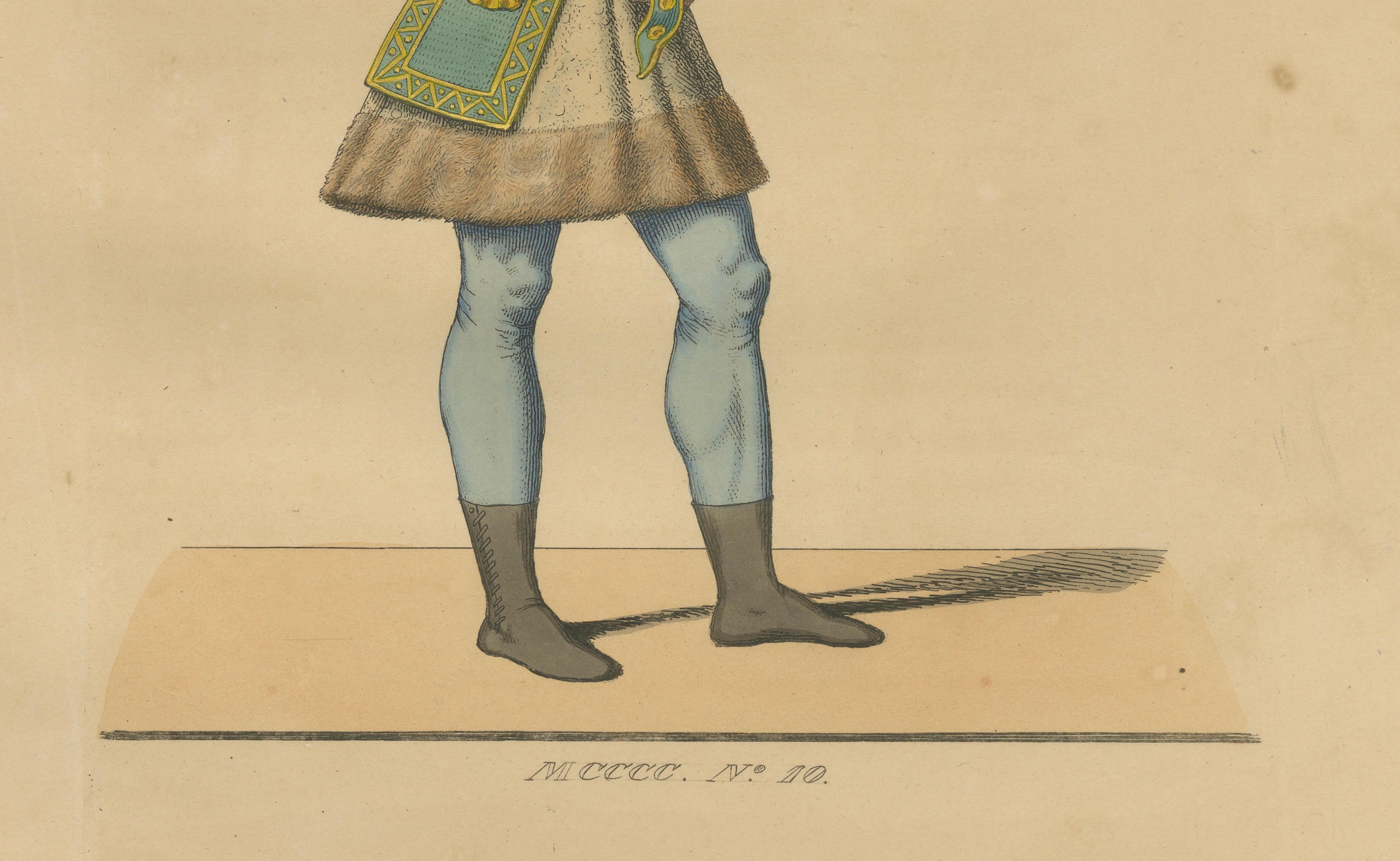Swiss Guard Costume, Antique Hand-Colored Lithograph by Bonnard, 1845