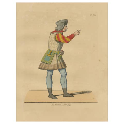 Swiss Guard Costume, Antique Hand-Colored Lithograph by Bonnard, 1845