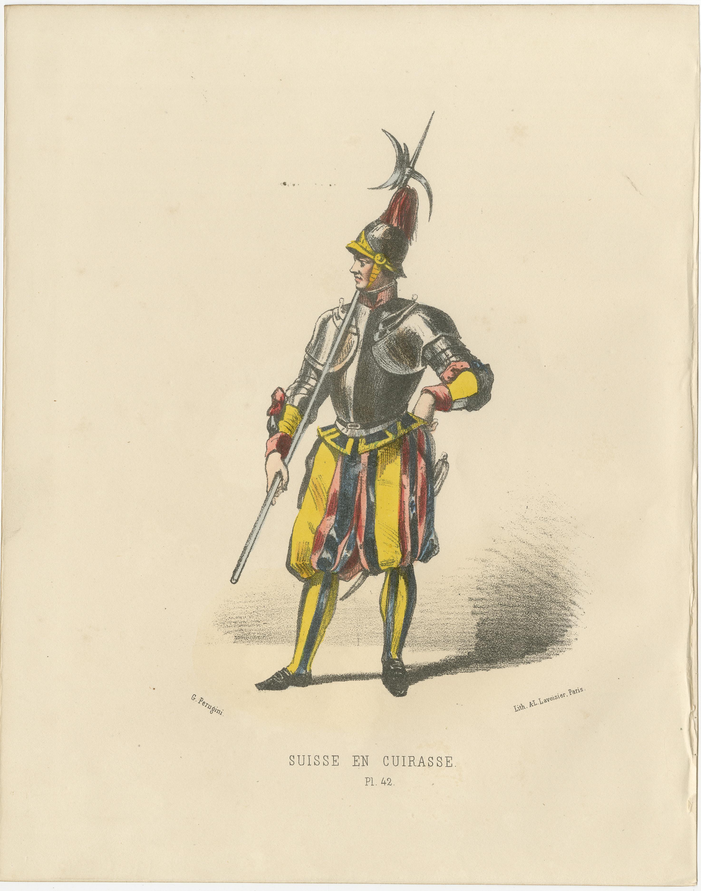 Guardia svizzera in corazza: Stampa colorata a mano di un'armatura da cerimonia, lastra 42, 1862  

Questa maestosa litografia colorata a mano, Guardia Svizzera in corazza, è la lastra 42 della seconda edizione del 1862 dell'Album ou Collection