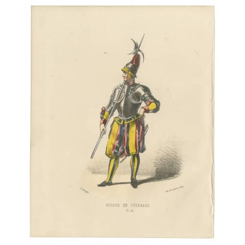 Swiss Guard in Cuirass: Handcolored Print of Ceremonial Armor, Plate 42, 1862