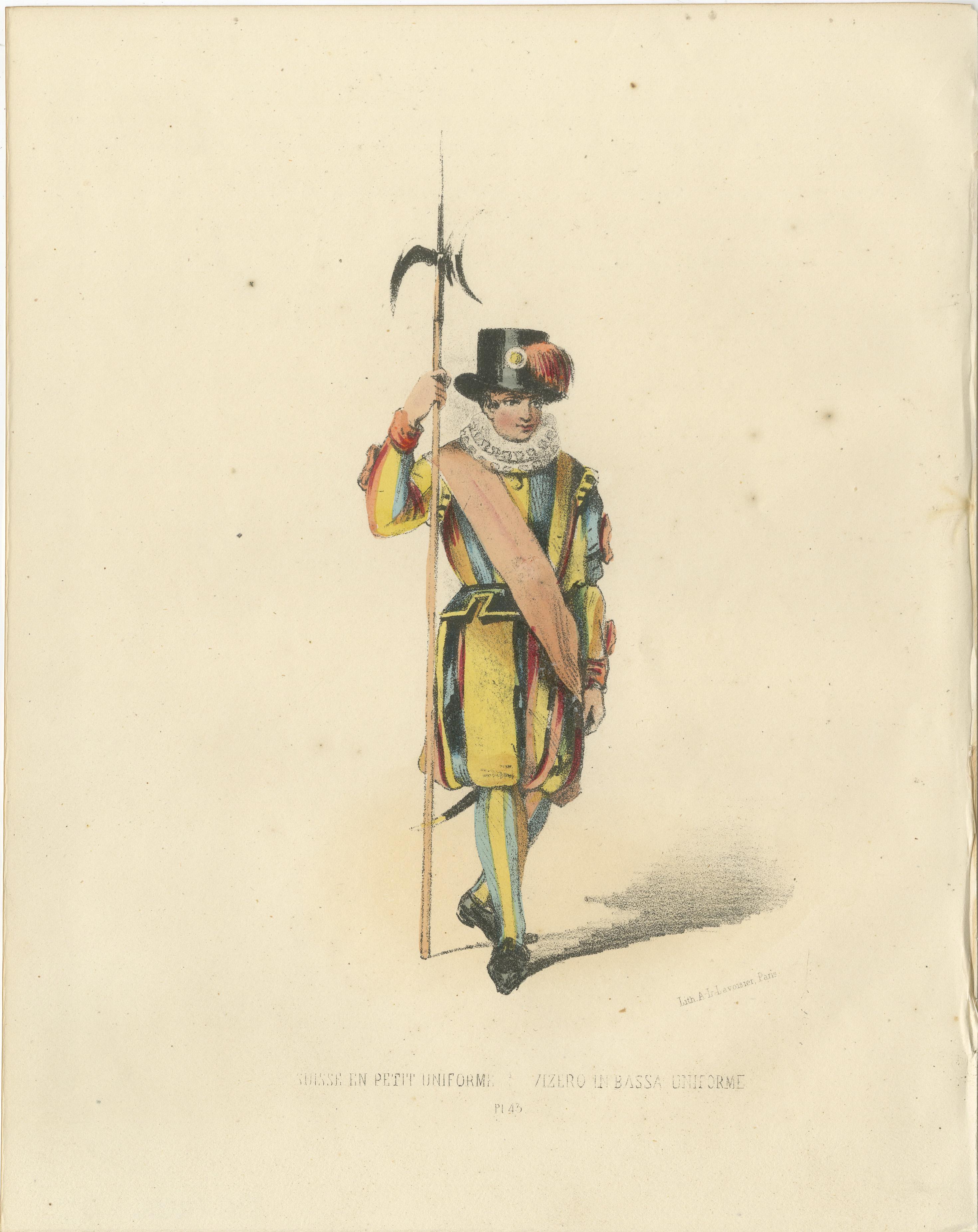 Schweizer Guard in Petite Uniform: Handkolorierter Druck, Tafel 43, 1862  
 
Diese lebendige handkolorierte Lithographie, Schweizer Garde in kleiner Uniform, ist Tafel 43 aus der zweiten Ausgabe von Album ou Collection Complète, et Historique des