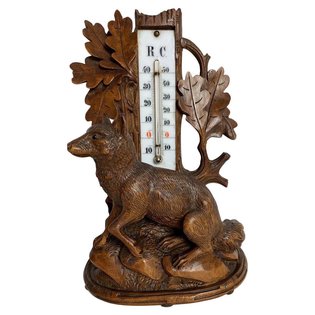 Figure de renard avec thermomètre, sculptée à la main en Suisse, Black Forest, vers 1880