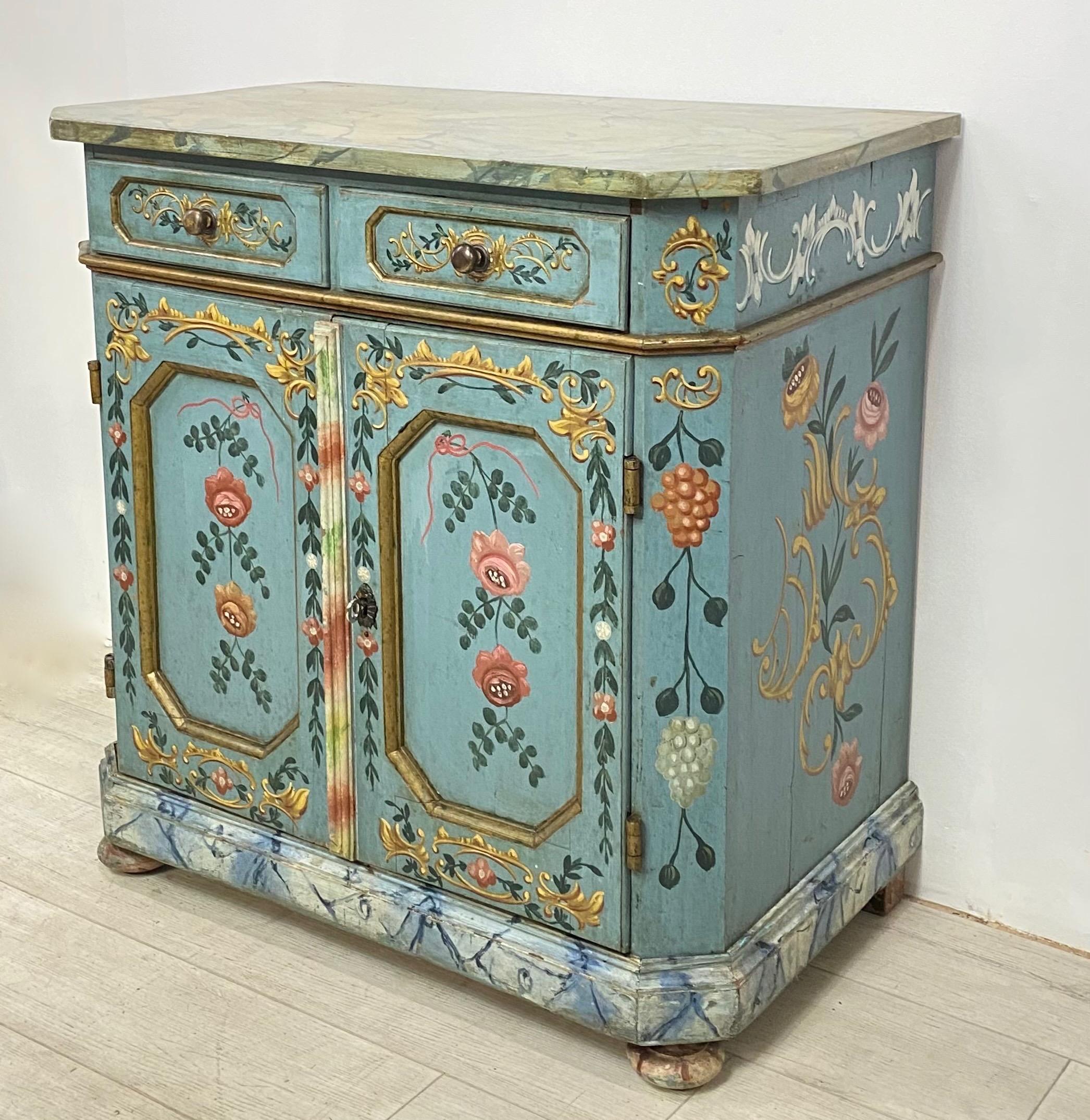 Hand-Painted Hand Painted and Faux Marble Buffet Cabinet, Swiss or Swedish circa 1830