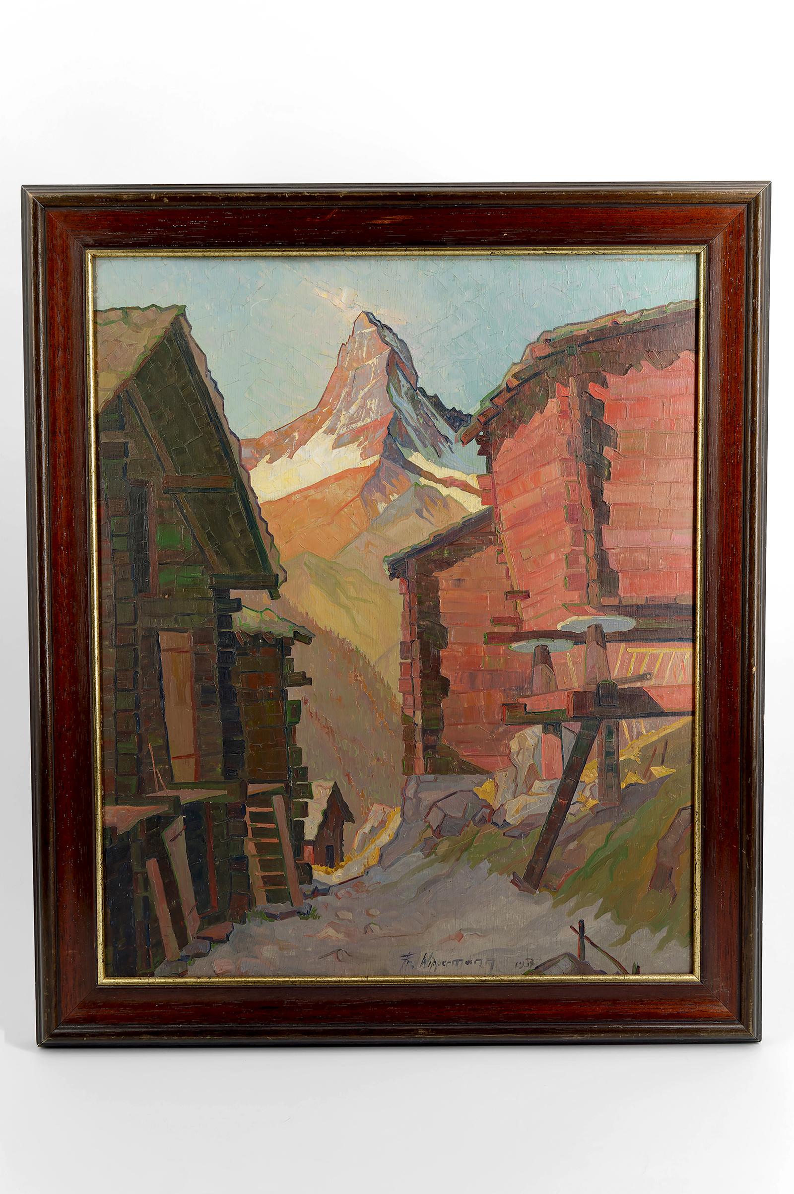 Art Déco Veduta di paesaggio svizzero Olio su pannello, 