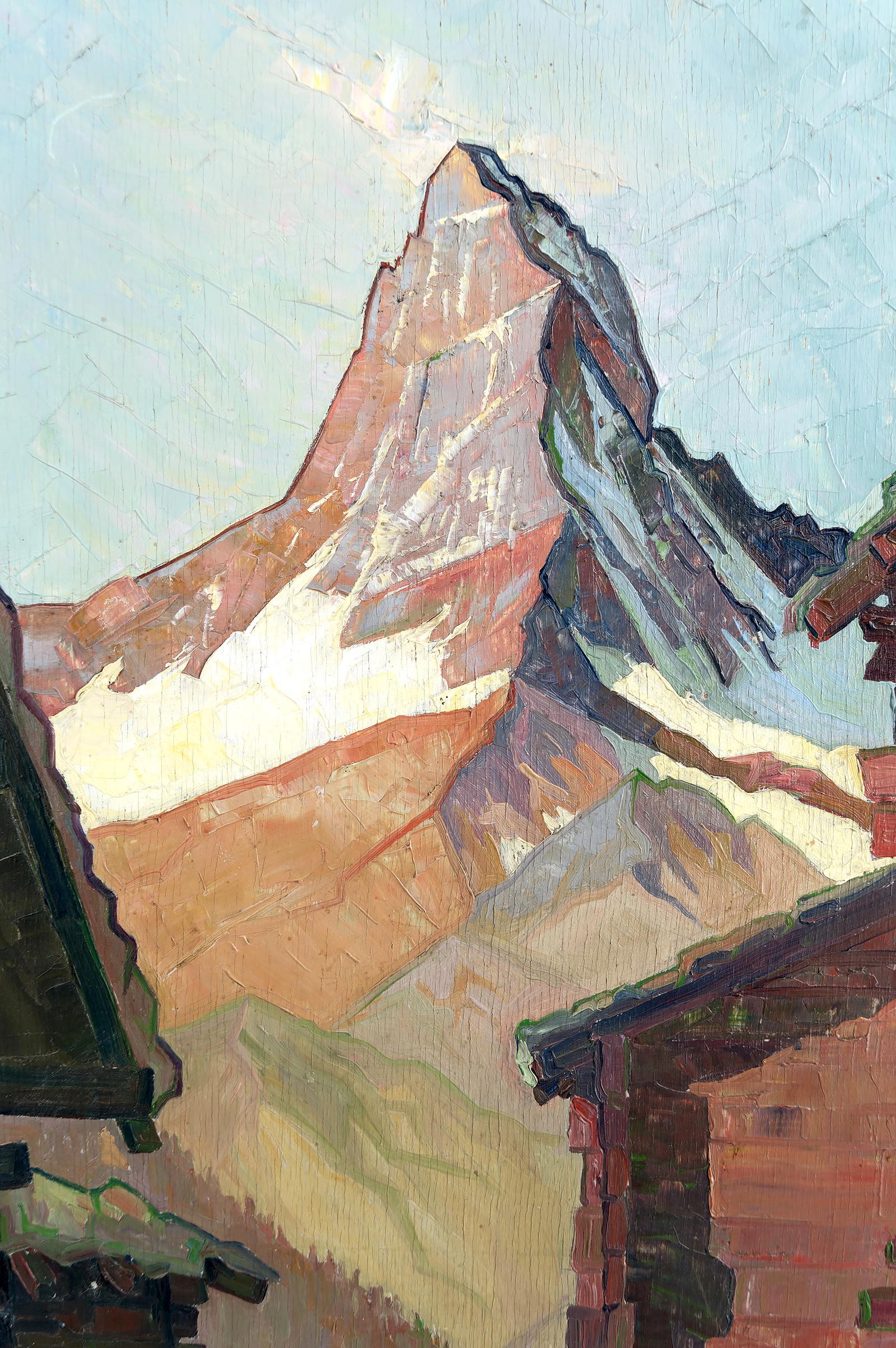 Dorato Veduta di paesaggio svizzero Olio su pannello, 