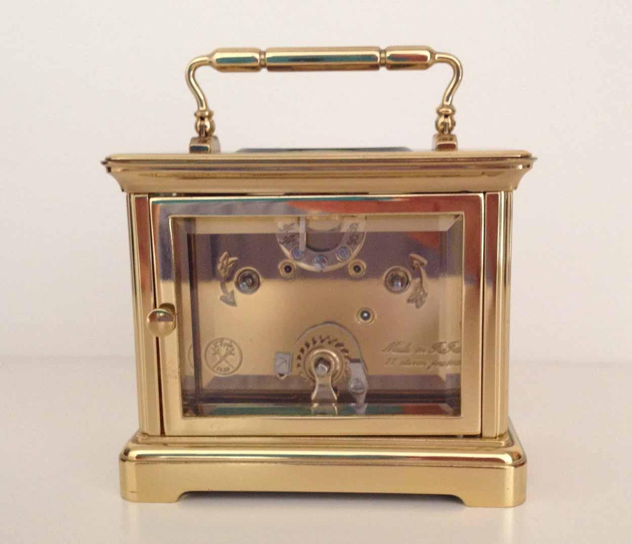 Gilt Swiss L'Epee Dual Timezone Miniature Carriage Clock, Late 20th Century