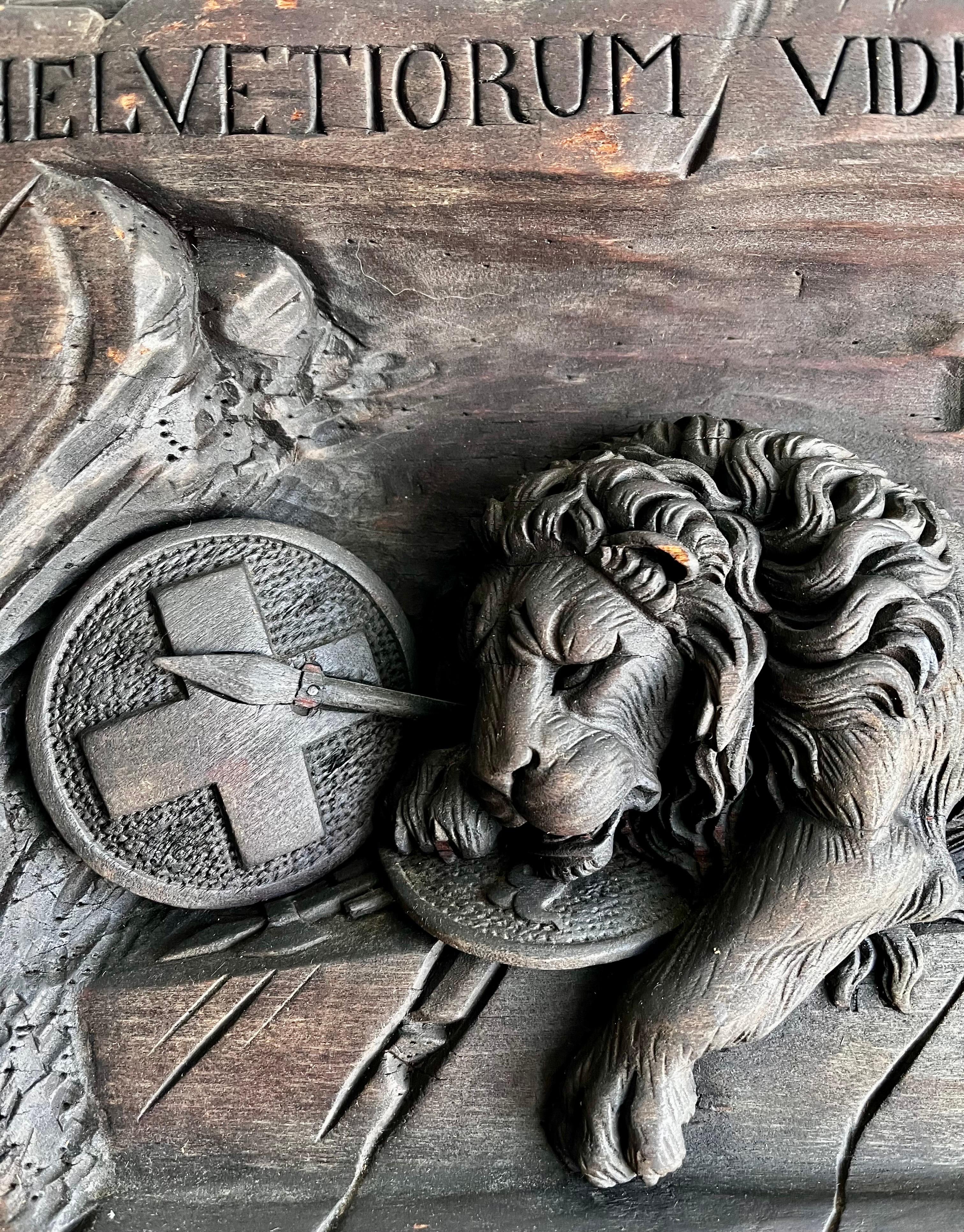 Wood Swiss Lion of Lucerne Relief Carving Plaque