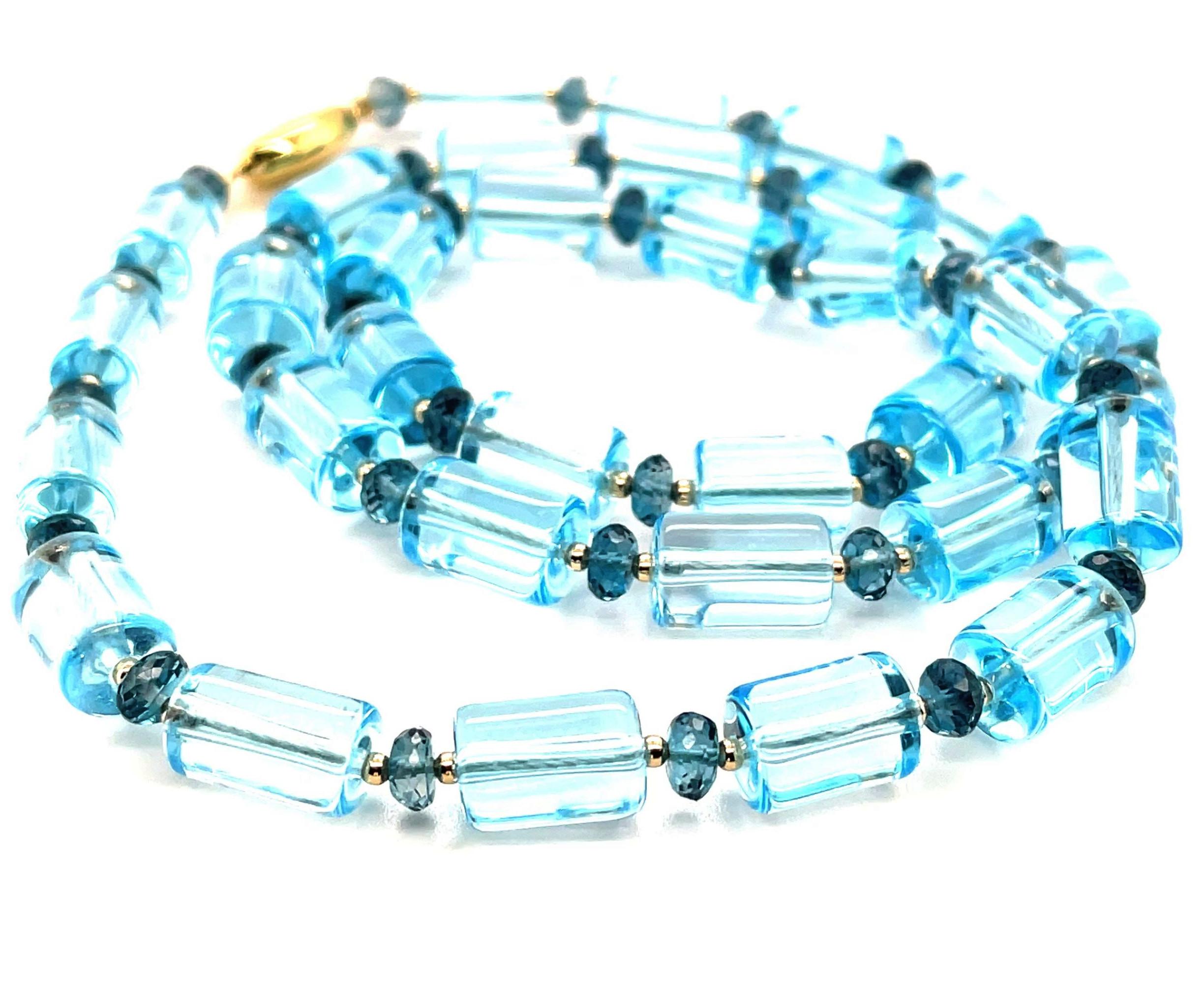 Artisan Swiss, London Blue Topaz Beaded Necklace with Yellow Gold Accents, 23.5 Inches For Sale