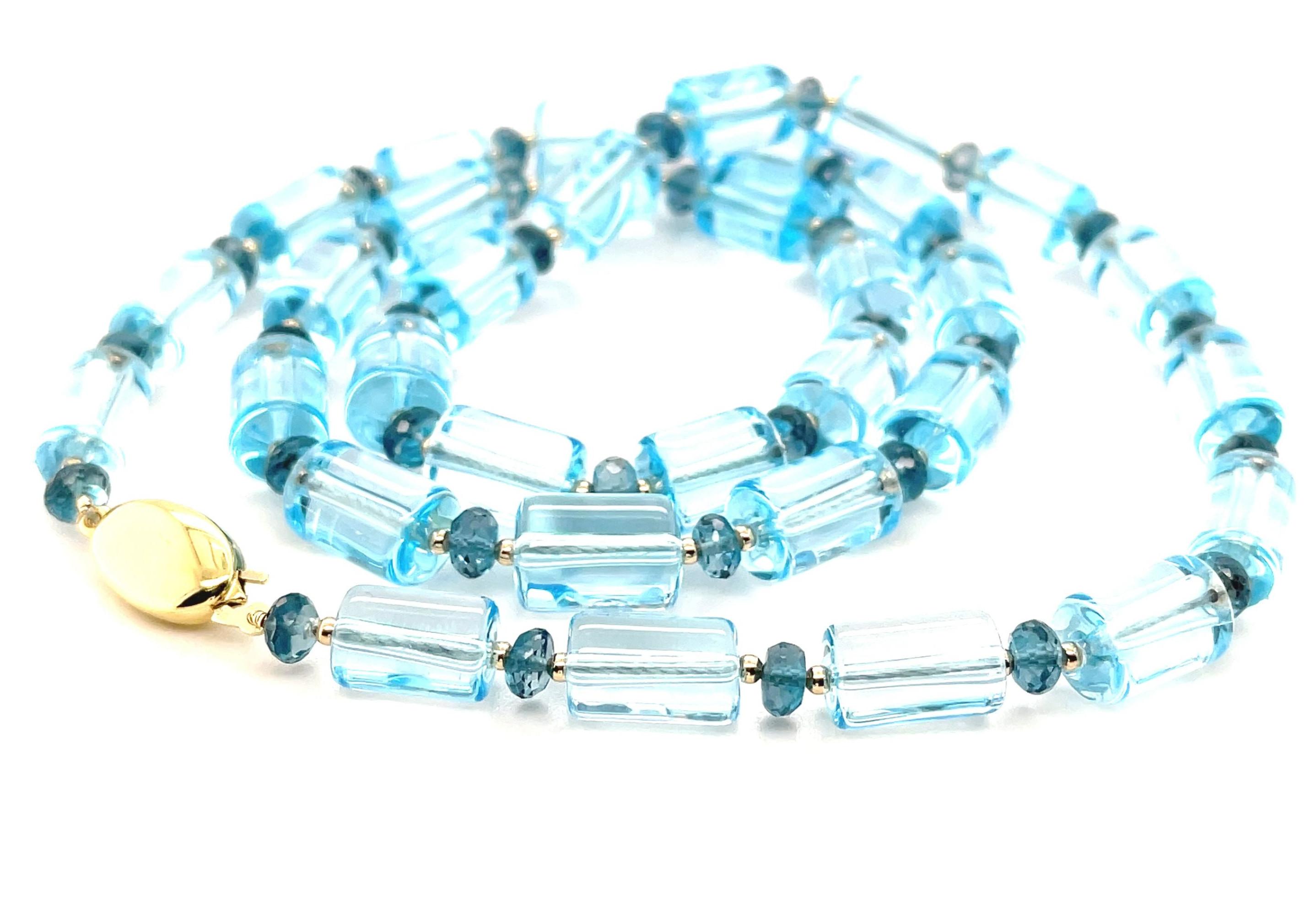 Swiss, London Blue Topaz Beaded Necklace with Yellow Gold Accents, 23.5 Inches In New Condition For Sale In Los Angeles, CA