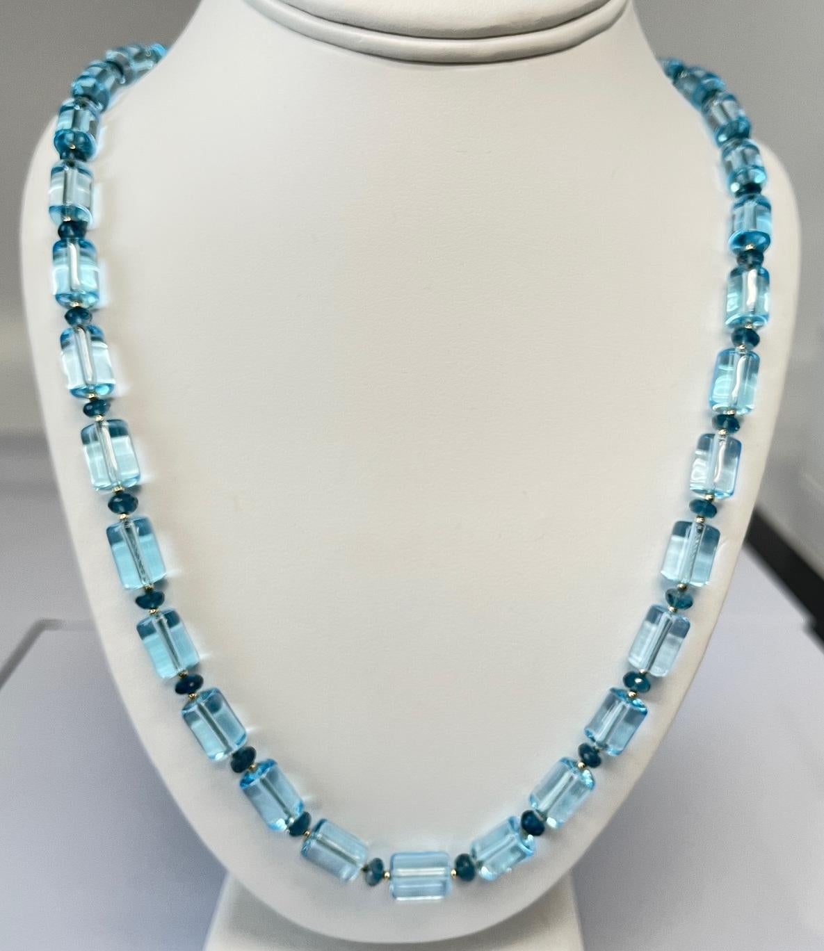 Women's Swiss, London Blue Topaz Beaded Necklace with Yellow Gold Accents, 23.5 Inches For Sale