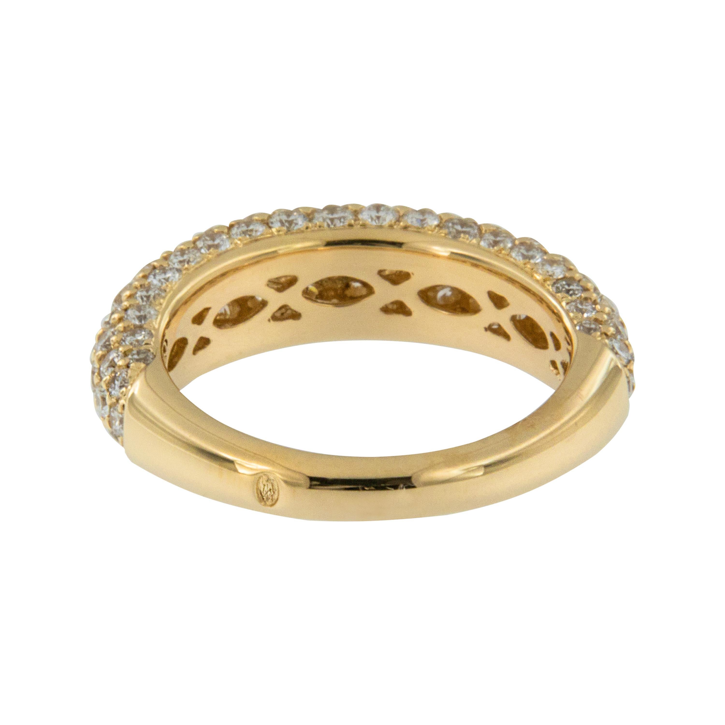 Made in Switzerland, this bombe' style band is exquisite from any angle! The French word bombe' translates to bomb in English for it's appealing rounded shape and this style made it's debut during the Edwardian period.  18 karat yellow gold with 99