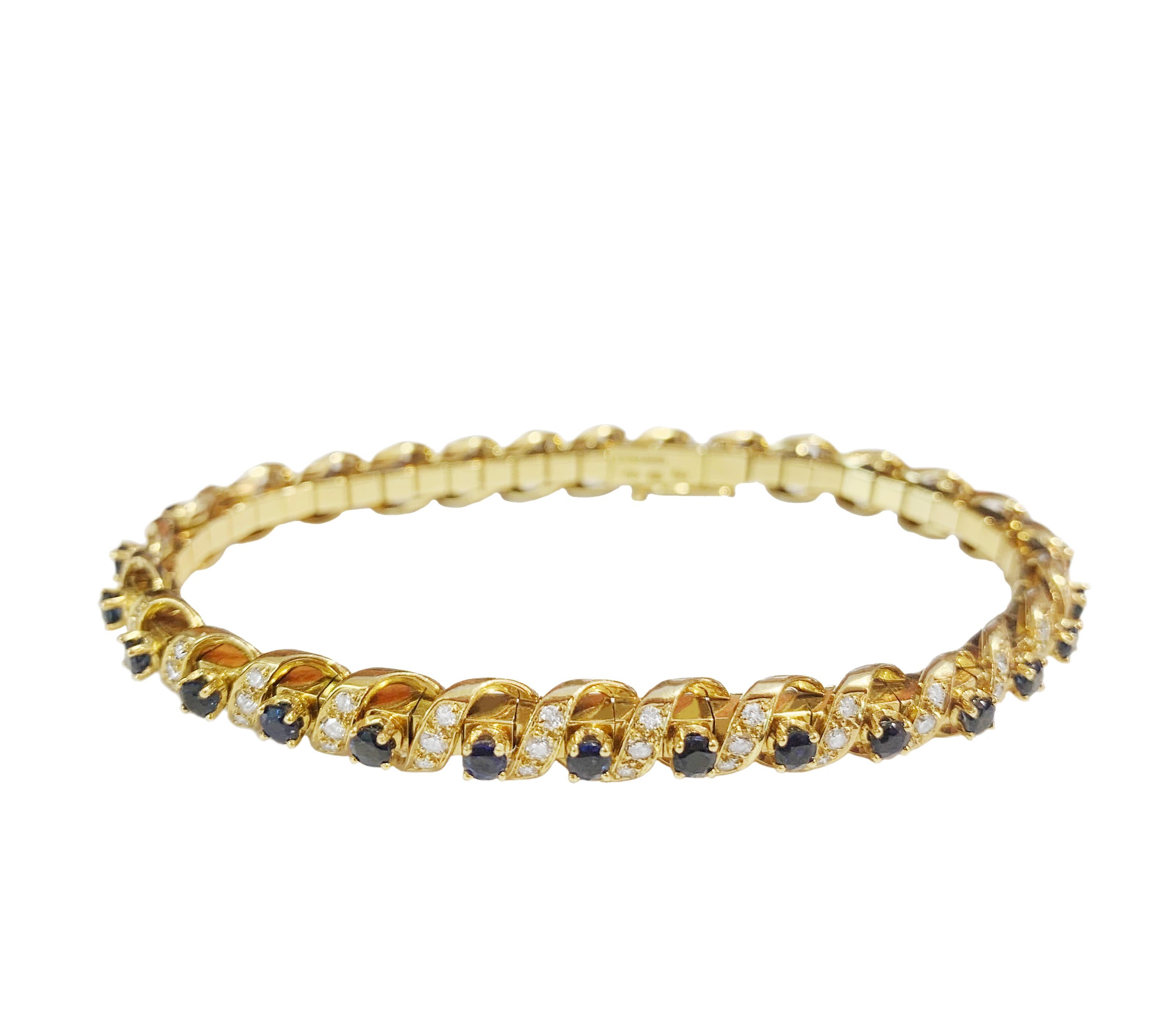 Women's Swiss Made 18k Gold Sapphire Diamond Tennis Bracelet For Sale
