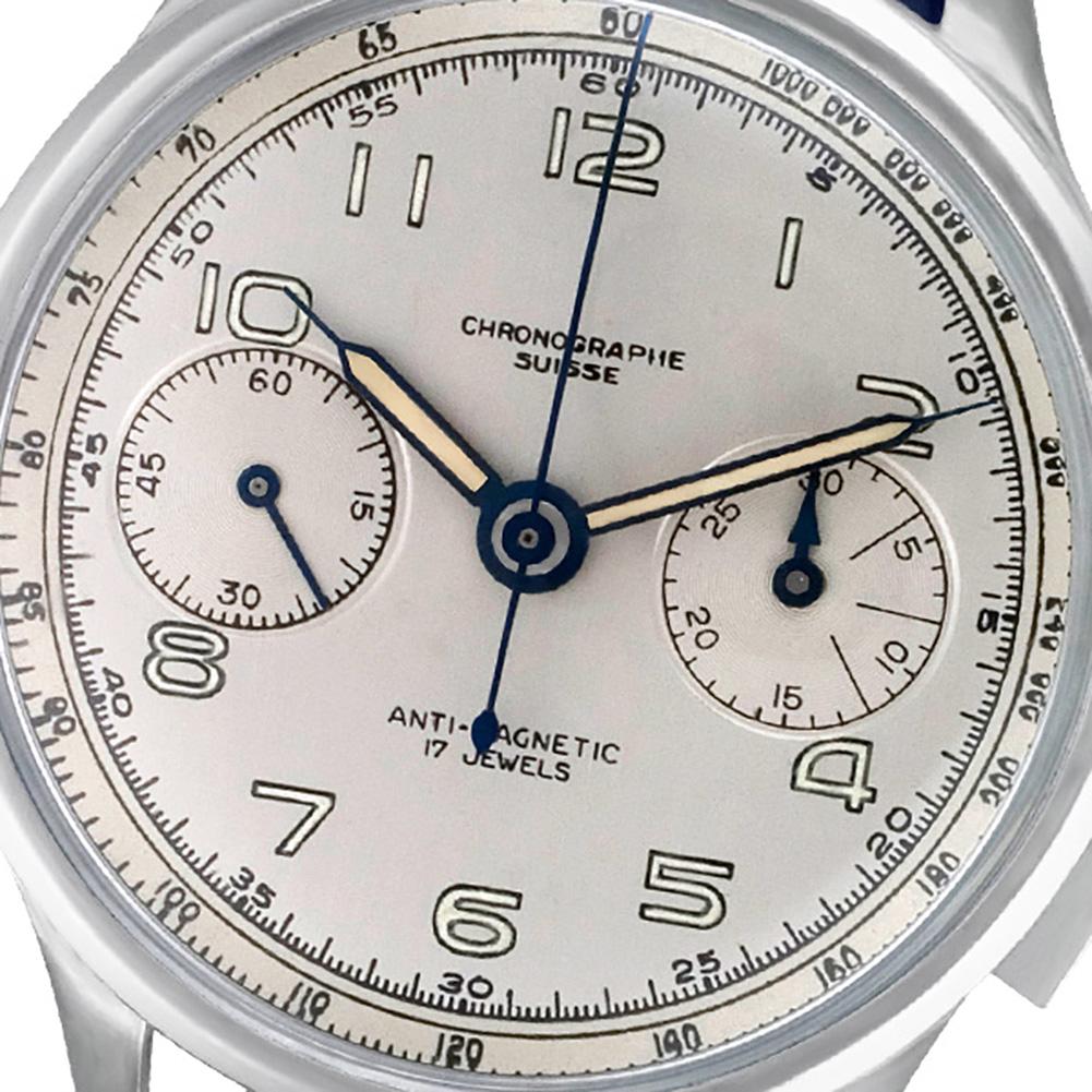 Swiss made Chronograph with Buttes Movement in stainless steel on leather strap. Manual w/ subseconds and chronograph. Fine Pre-owned Swiss made Watch.

Certified preowned Vintage Swiss made Chronograph watch is made out of Stainless steel on a