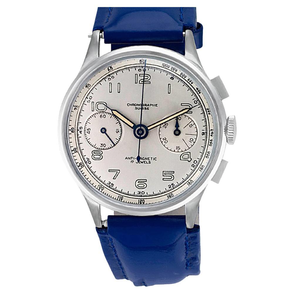 Montre chronographe manuelle en acier inoxydable de fabrication suisse  en vente